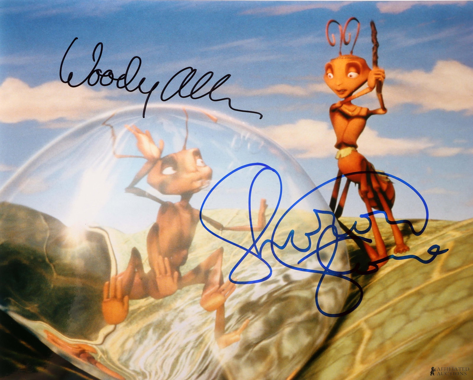 Antz Signed Photo Sharon Stone Woody Allen: A still from the film Antz signed by Woody Allen and Sharon Stone. This autograph was collected for James Reeves, who used a staff of agents to acquire signatures from celebrities while running his au