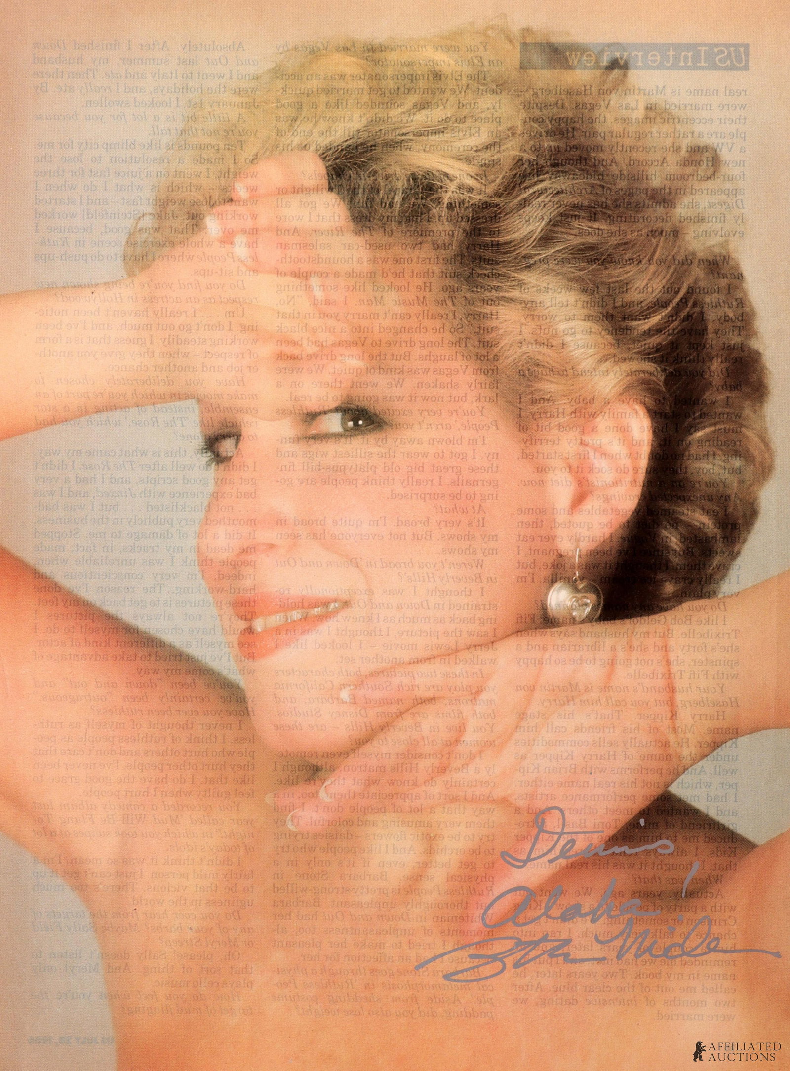 Bette Midler Signed Magazine Photo: A Bette Midler signed shot, cut from a US Magazine issue. This autograph has been compared to known examples and has been declared authentic according to terms.