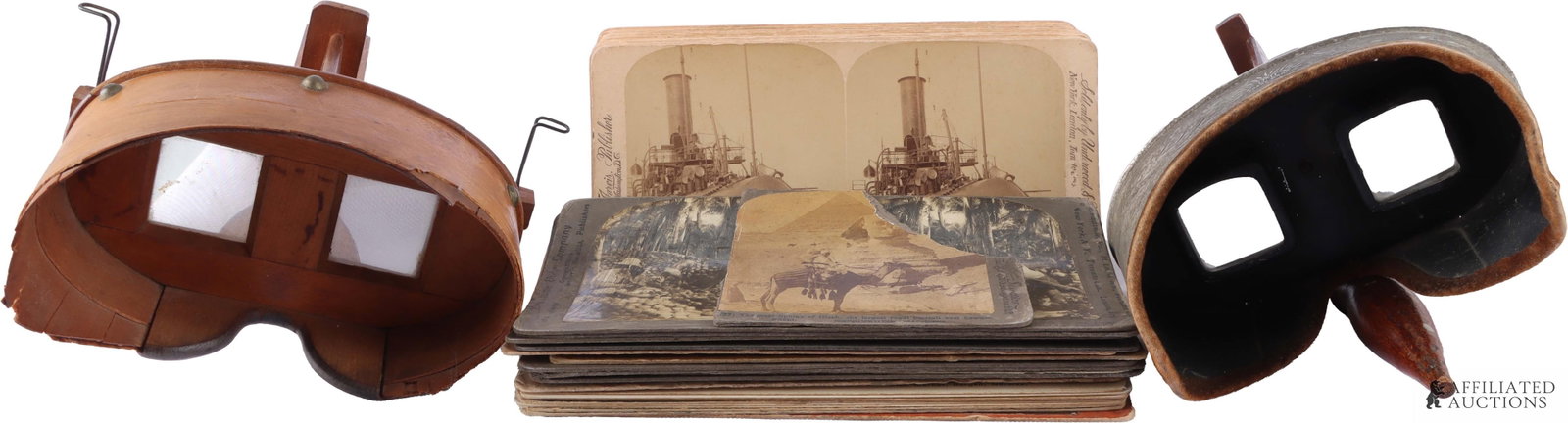 Stereoscope Card & Stereoviewer Collection 45 Pcs: Lot of forty-five (45) pieces. Includes 43 Stereoview cards, various publishers, and two viewers, a Perfecscope (patent dates marked 1895, 1896) and an Underwood & Underwood Sun Sculpture.
