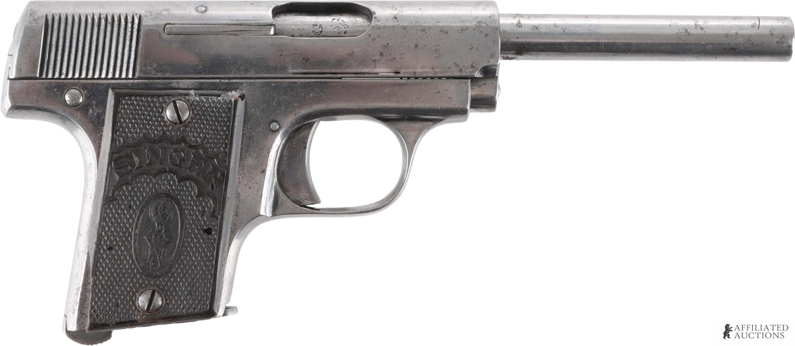 Spanish Singer Patent Pistol Target Barrel .25 ACP: Singer Patent semi-automatic pistol with one (1) magazine. Barrel length 4.75 inches. Nickel plate finish. A Spanish clone of the FN M1905 / Baby Browning with an unusual target barrel. Produced by gu