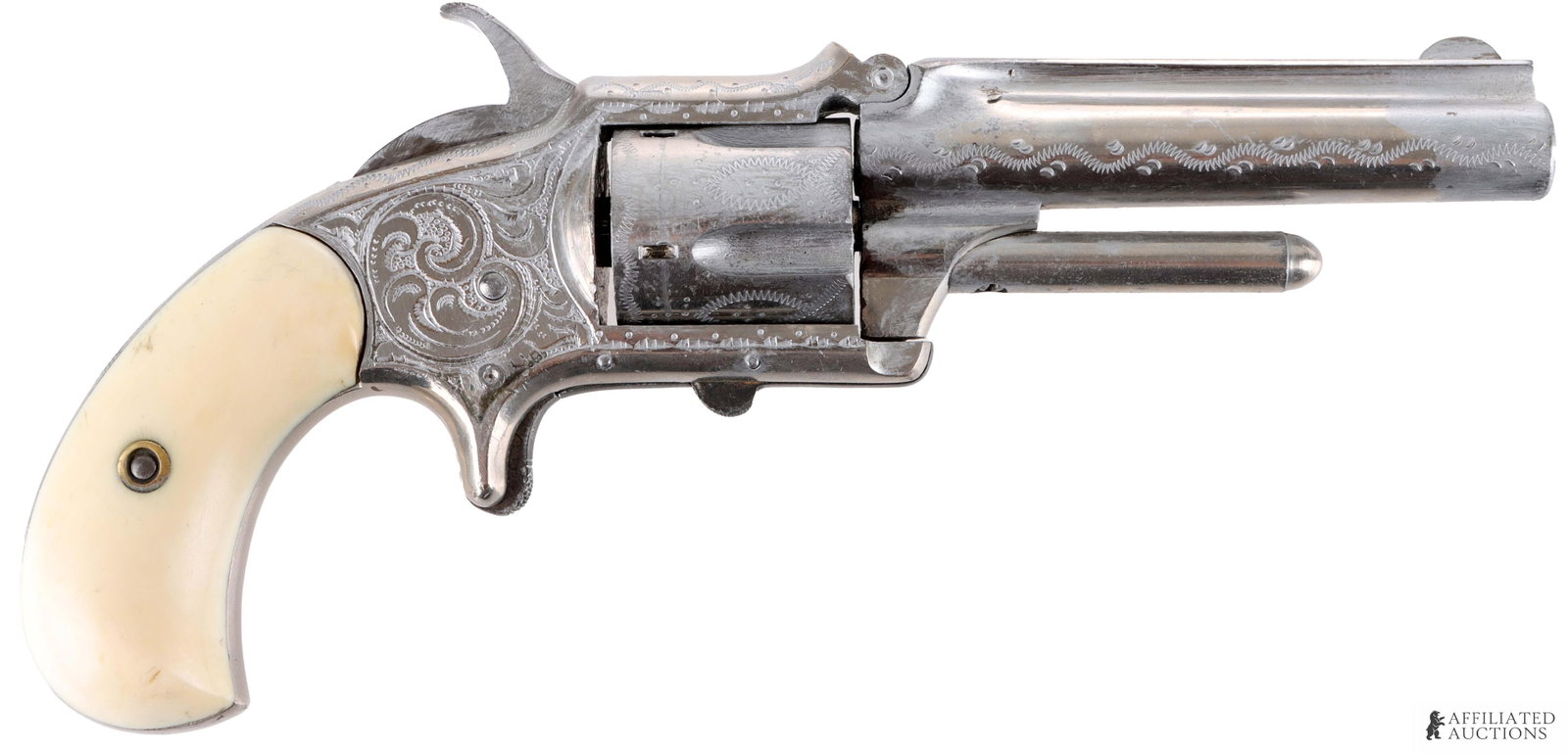 Deringer .32 Spur Trigger No 1 1/2 Revolver: Deringer Rifle & Pistol Works .32 spur trigger revolver. Tip-up barrel Smith & Wesson No 1 1/2 clone with engraved decoration. Antique ivory grips. Overall length 7.75 inches. Antique. No internationa