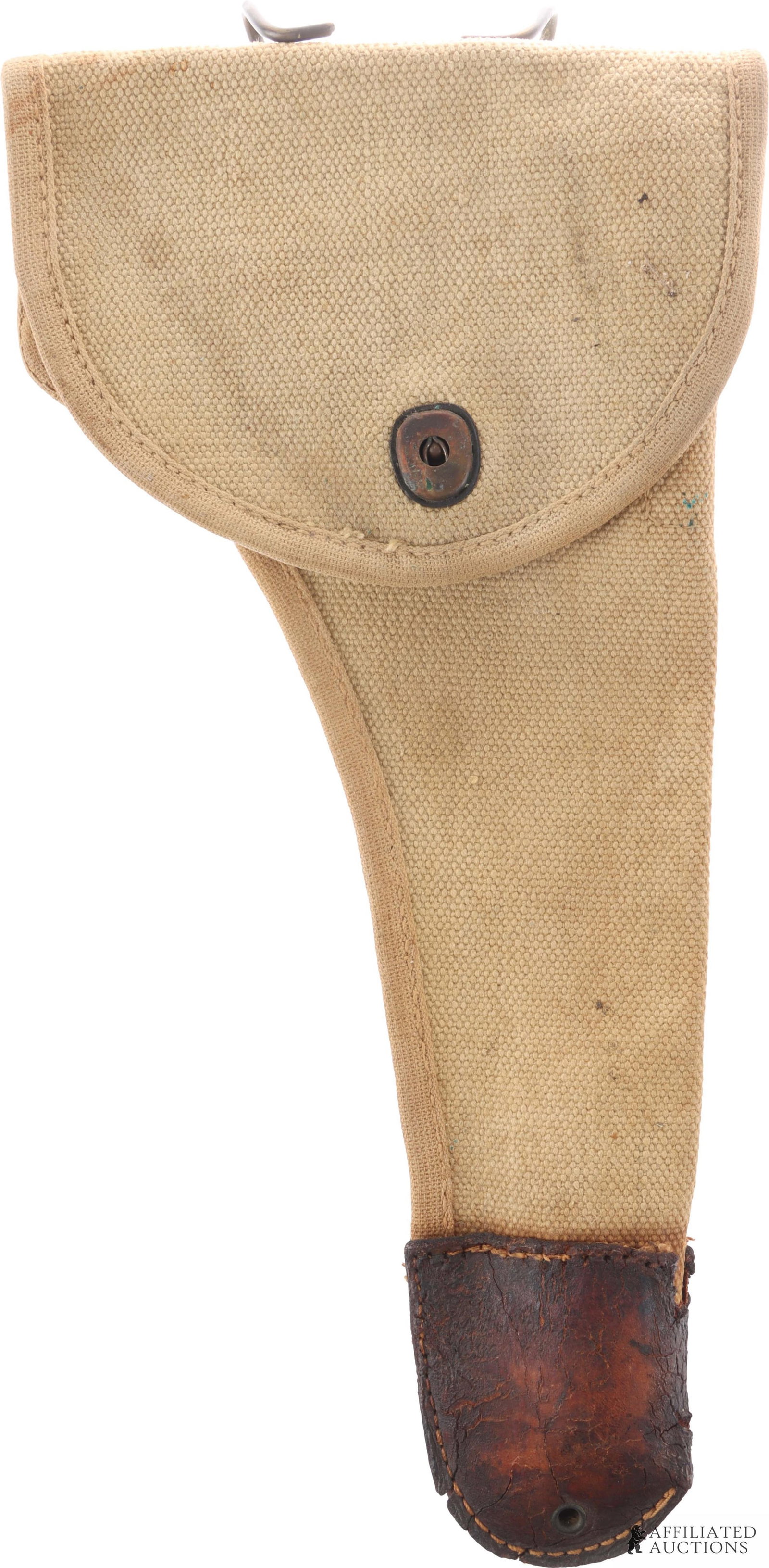 WWI US Progressive Canvas Holster Dated 1916: Original canvas holster for Remington Mk III flare pistol. Underside of flap ink-stamped "Progressive Mar. S. K. 1916." Wire prong belt attachment. Dimensions 13x6.5 inches.