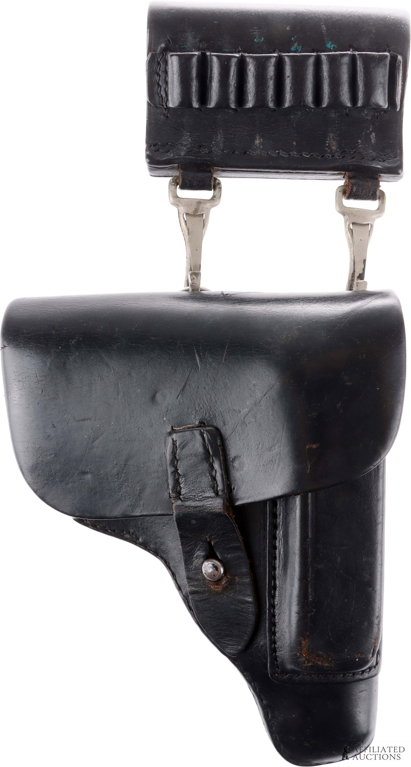 German Police PPK Drop Holster W/ Cartridge Holder: Original German police drop holster with belt loop cartridge holder for Walther PPK or similar 7.65mm sidearm. Cartridge holder has two spring clips which mount on D-rings riveted to the back of the h