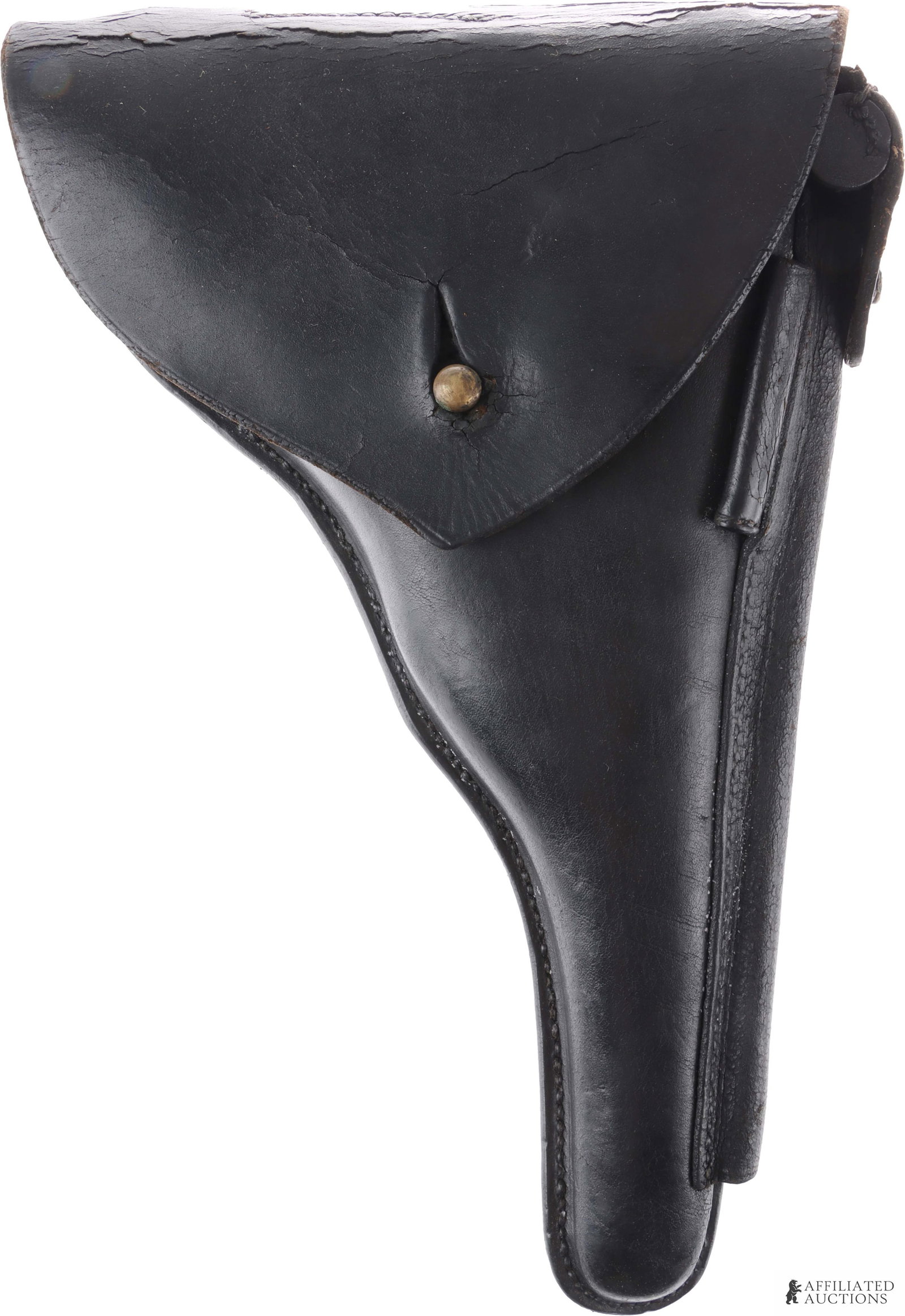 Portuguese M1906 M2 Luger Holster: Portuguese M1906 M2 Luger pistol holster. Leather with separate pocket for cleaning rod, takedown tool. Interior stamped "A.E." Dimensions 6.5x10 inches.