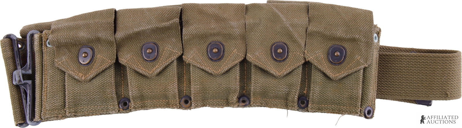 Vintage M1 Garand Cartridge Belt WWII Froelich: A WWII M1 Garand cartridge belt in dark olive drab canvas. Unmarked, but research suggests manufacture by the S. Froelich Company. This lot has a reserve.