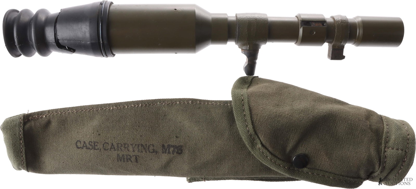Vintage M86F Telescopic Sight with Carrying Case: An M86F telescopic sight manufactured for use with the M18 57mm recoilless rifle. Marked on the body with 'TELESCOPE M86F/ SERIAL NO. 31045' and the Great Seal of the United States. Comes with carryin