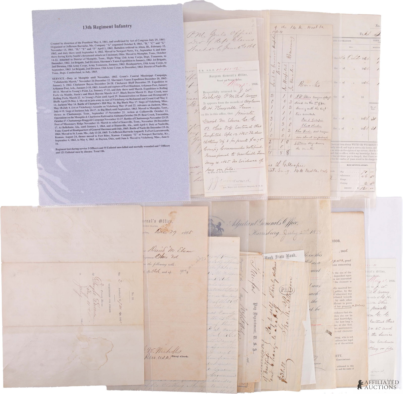 Civil War Document Personal Collection 25+ Pcs: Personal collection of more than twenty-five (25) original American Civil War documents. Includes weekly casualty report of the 14th West Virginia Infantry regimental surgeon, dated January 30th, 1864