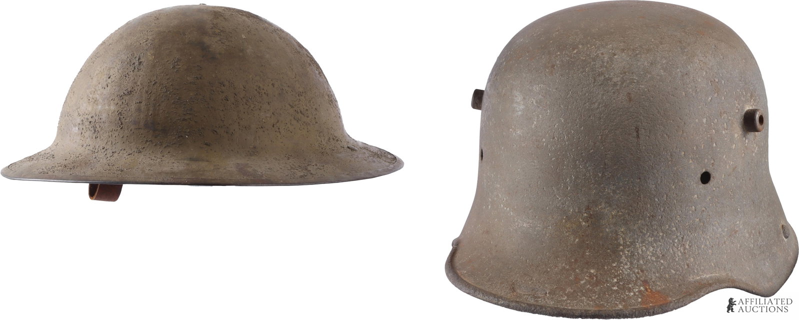 WWI British & German Steel Military Helmets: A lot containing two (2) WWI-era steel helmets. Includes 1) one M-16 Stahlhelm shell without liner, and 2) one British Brodie helmet with liner and strap intact, marked 'HS 81' for Hadfield Steel.