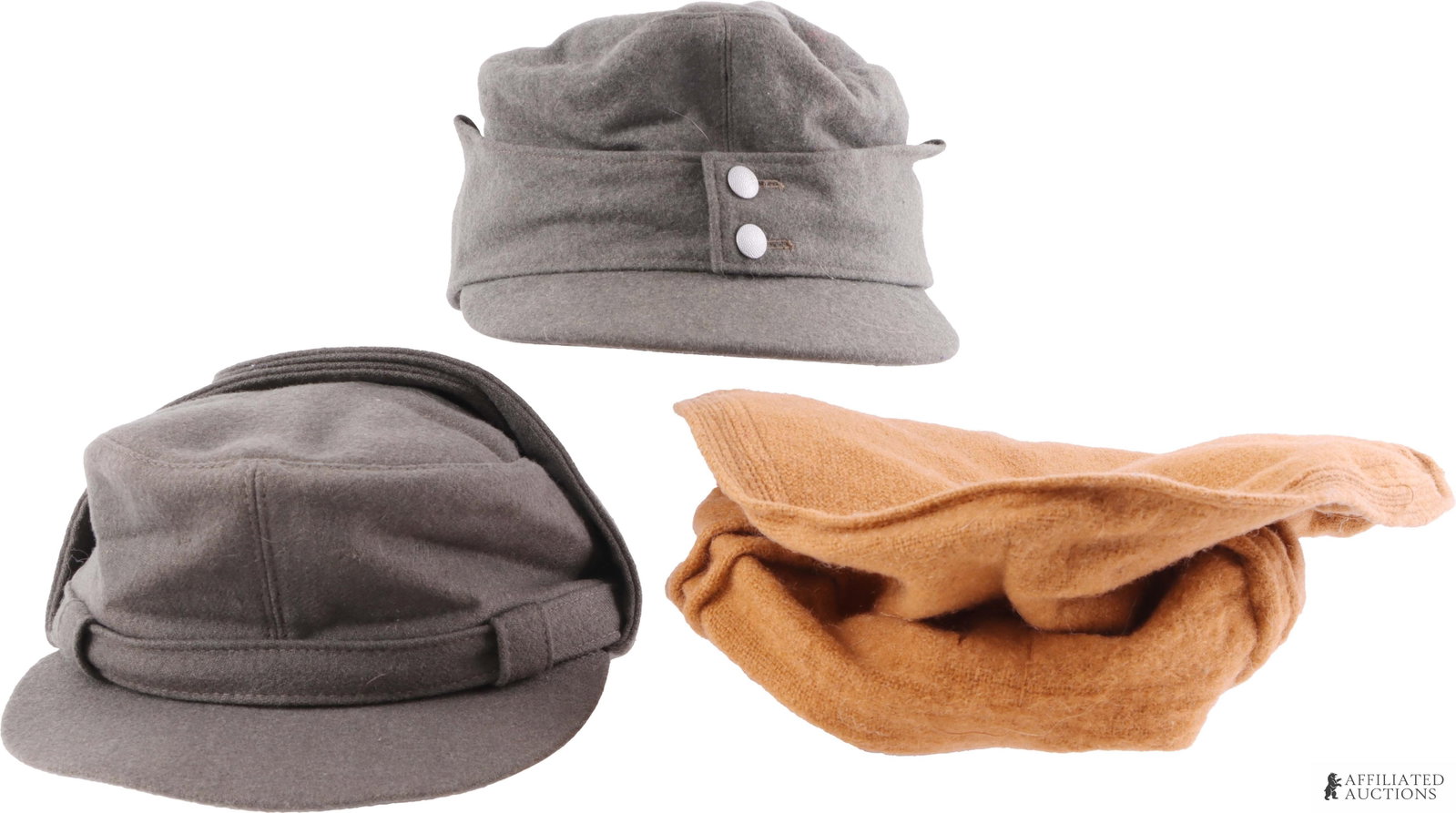 Vintage European Military Field Hats Lot of 3: A lot of two German military field caps. Includes 1) an East German NVA cap with earflaps interior stamps 'NVA 57 1856 1963'; 2) a German M43 field cap with chin strap. Interior stamps are faded and i