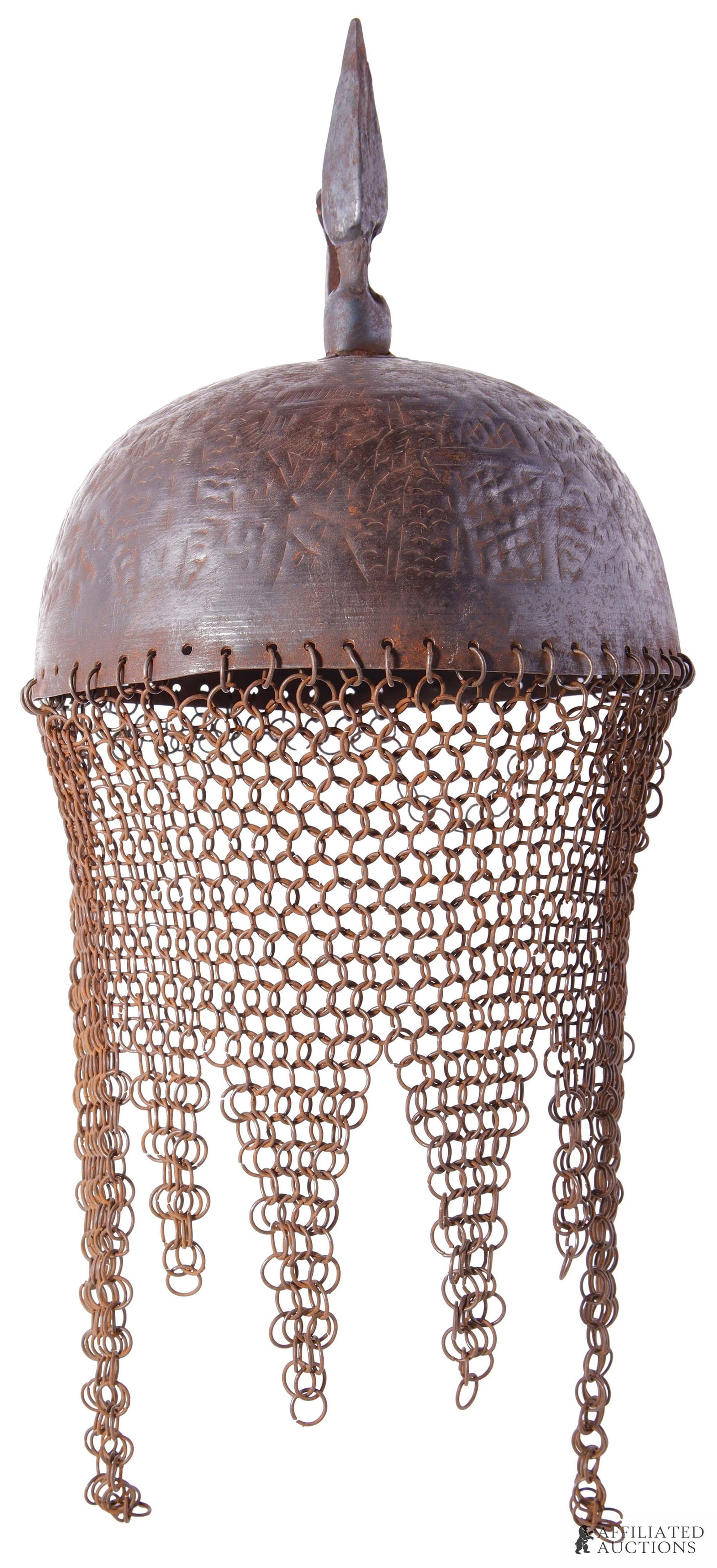 Antique Kulah Khud Indo-Persian Maghul Helmet: An antique steel hemispherical kulah khud helmet with a finial spike, feather plume holders, and aventail. Has faint etchings on exterior but appears to lack adjustable nasal bar. Interior circumferen