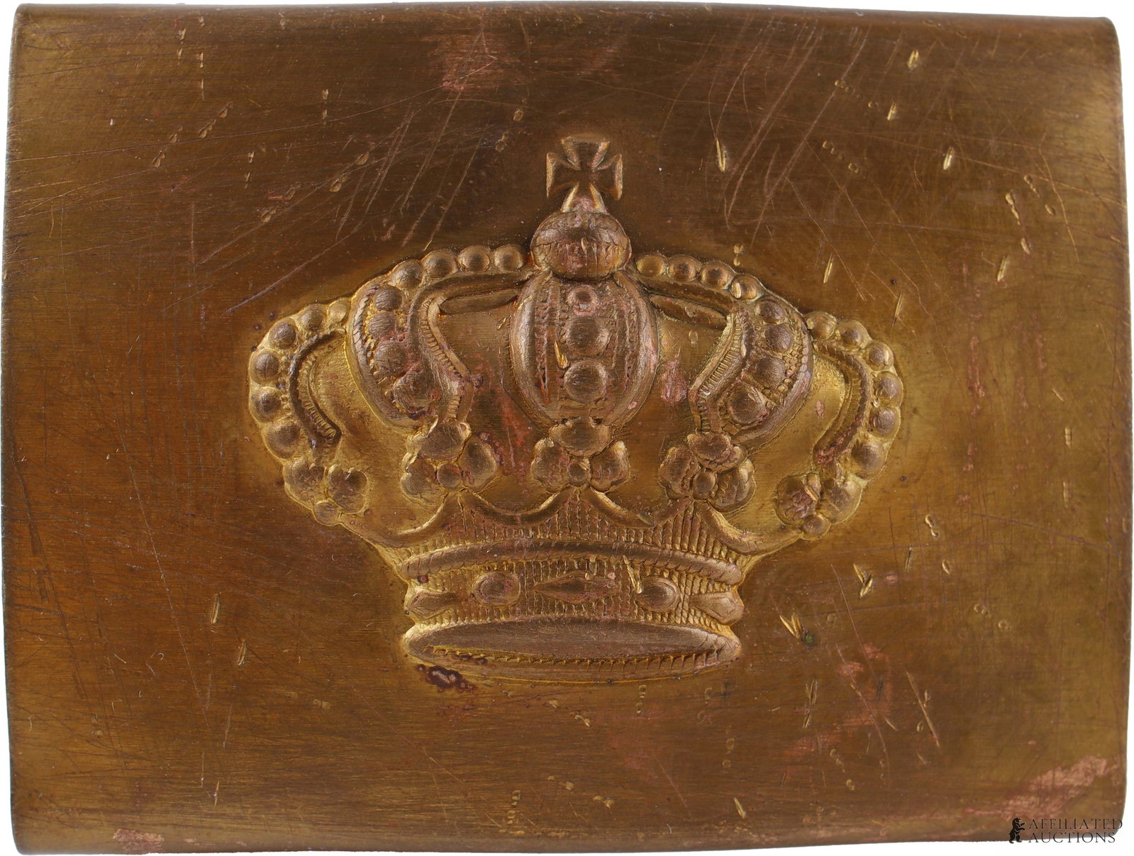 Hessian Belt Buckle WWI Model 1895: A model 1895 belt buckle for the German state of Hesse, showing a singular crown. 2.5x1.75 inches.