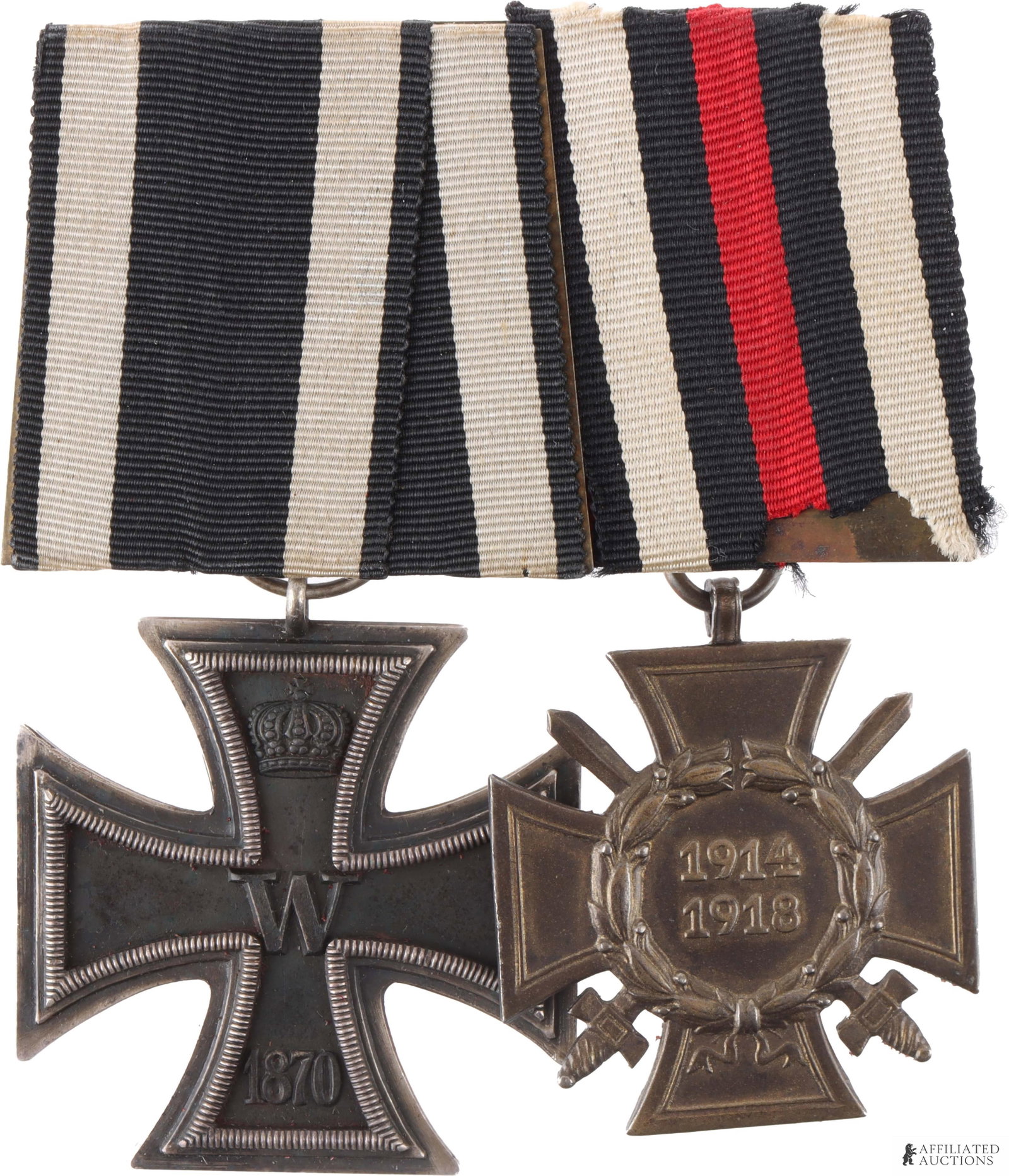 Imperial German 1870 Iron Cross & Hindenburg Cross: Original WWI Imperial German ribbon bar with 1870 Iron Cross, II Class and Honour Cross of the World War with swords. EK2 consists of ferrous core with two-piece silvered frame and suspension loop. Di