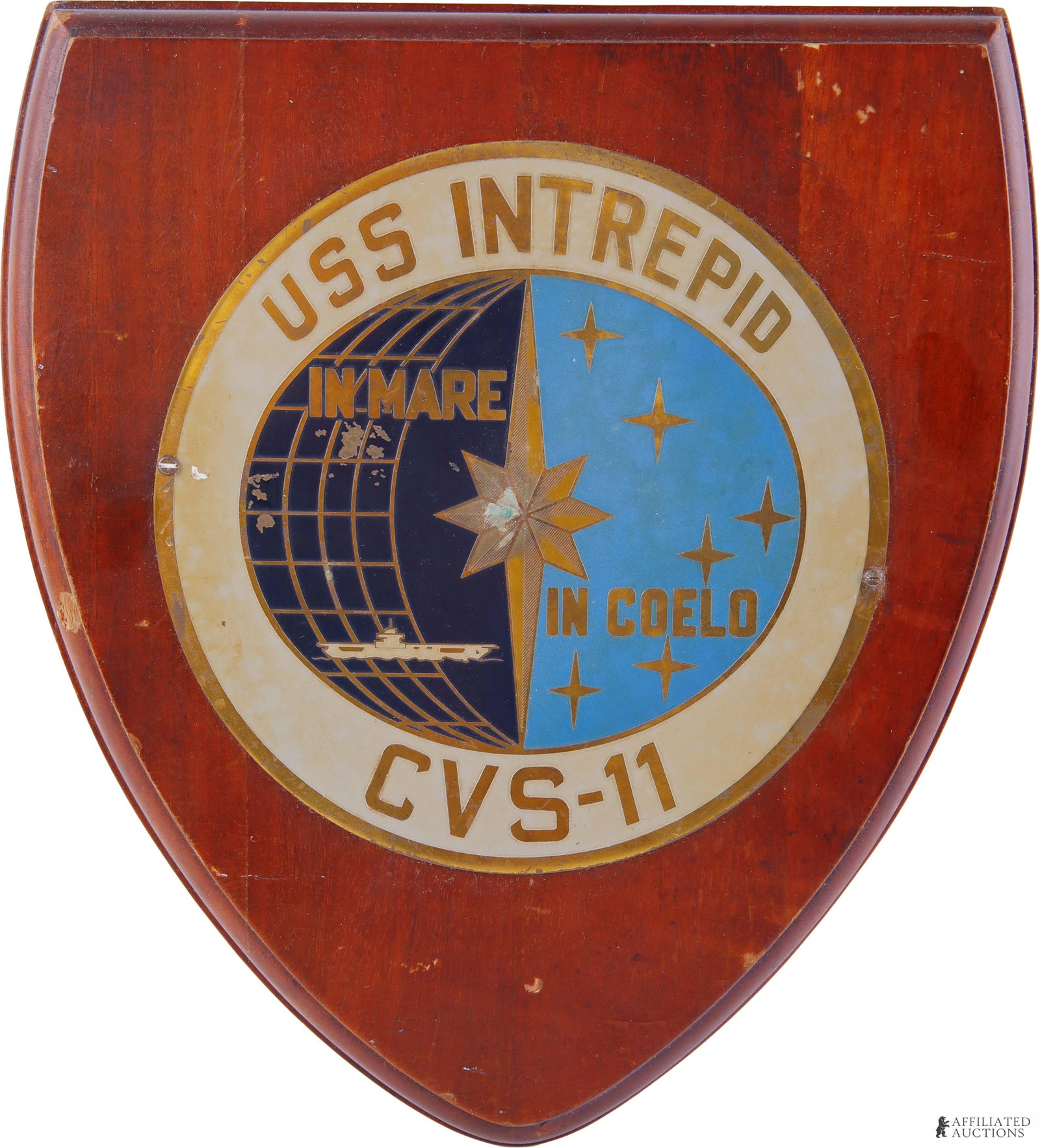 USS Intrepid CVS-11 NAS Norfolk Ship's Crest: Original US Navy ship's crest plaque of the USS Intrepid. Manufactured by the Overhaul & Repair Department at N.A.S. Norfolk ca. 1950s. Mounting plate on reverse marked "Manufactured by OR | N.A.S., N