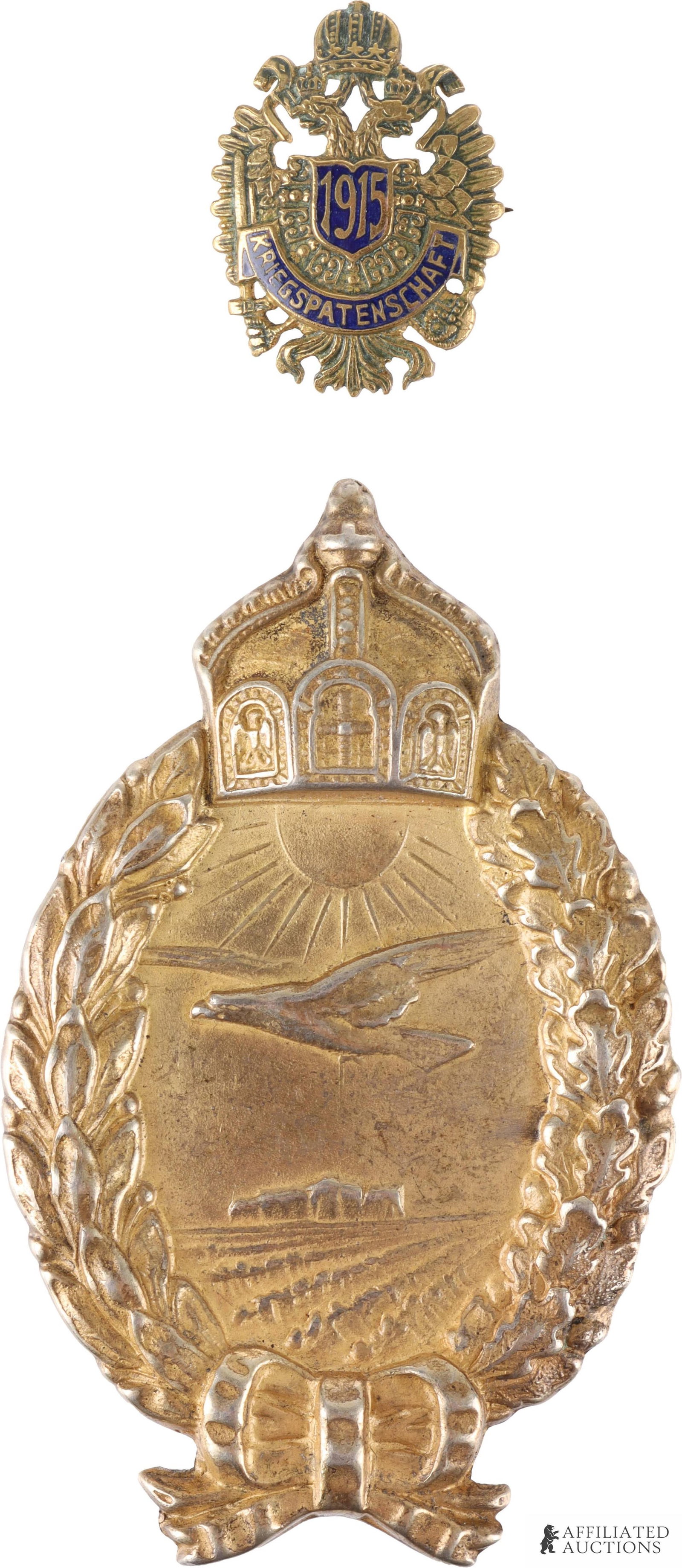 WWI European Military Pin Badge Awards Lot of 2: A lot of two WWI-era pin badges. Includes 1) an unmarked, hollow-backed 1915 Austro-Hungarian Kriegspatenschaft badge which weighs 3 grams, and 2) an Imperial Prussian Naval Air Service badge, which w