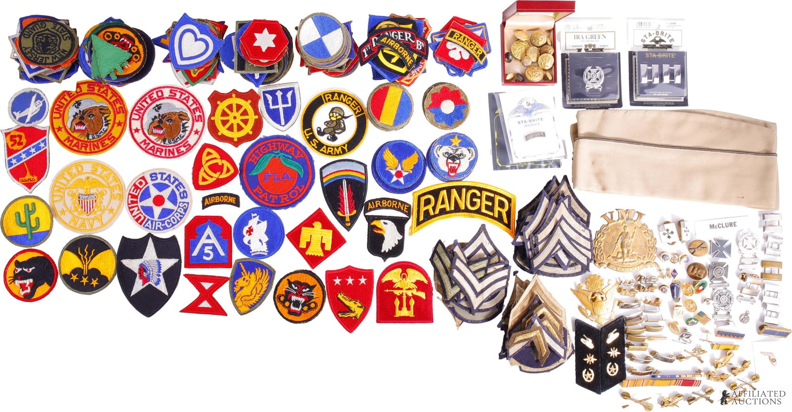 US Insignia Patches DUI Large Personal Collection: Lot of more than 250 pieces. Personal insignia & patch collection of the late John Robert McClure, Jr., noted Florida lawyer, civic leader and former Army Ranger. Includes more than 175 insignia patch