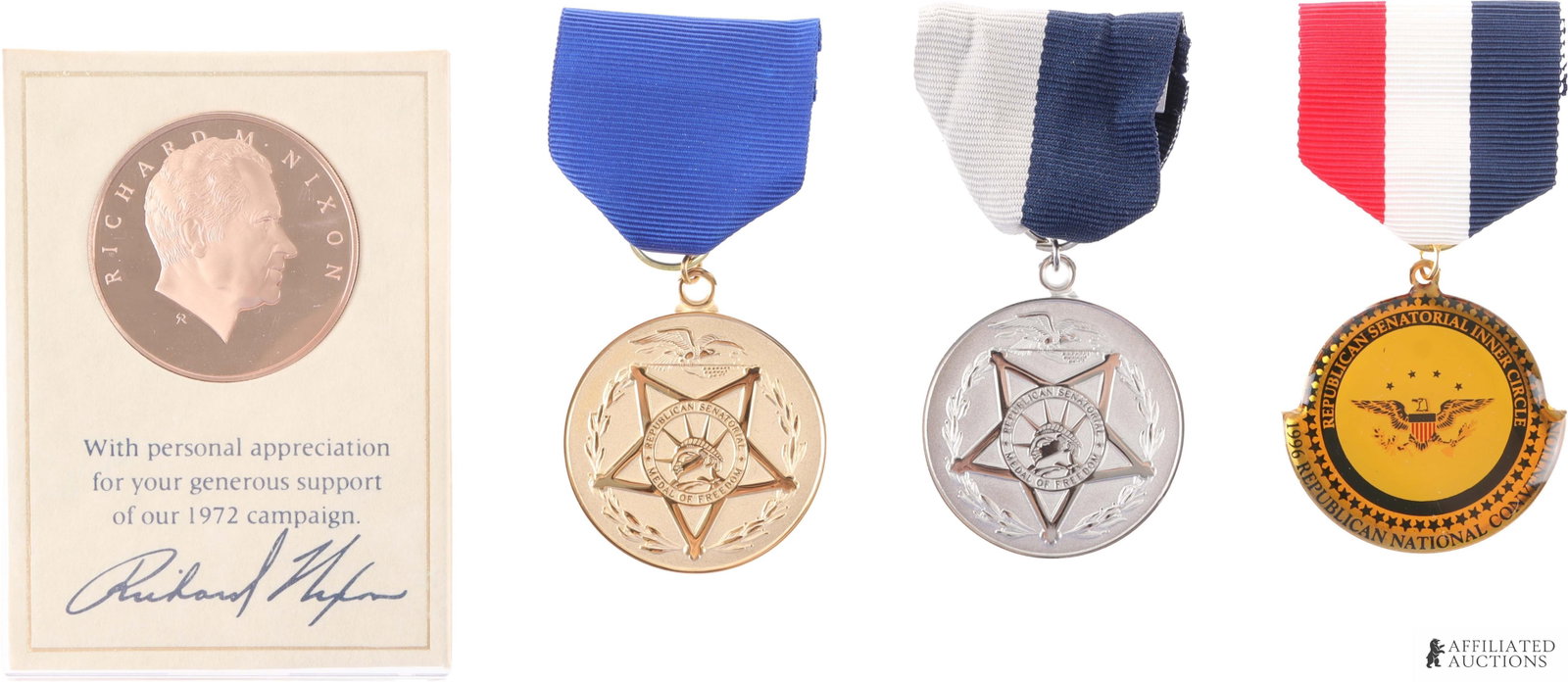 US Republican Senatorial Award Medals: Lot of four (4) pieces. United States Senate Republican Senatorial Medal of Freedom in black velvet presentation case, Republican Senatorial Medal of Freedom Millenium Edition in presentation case, Re