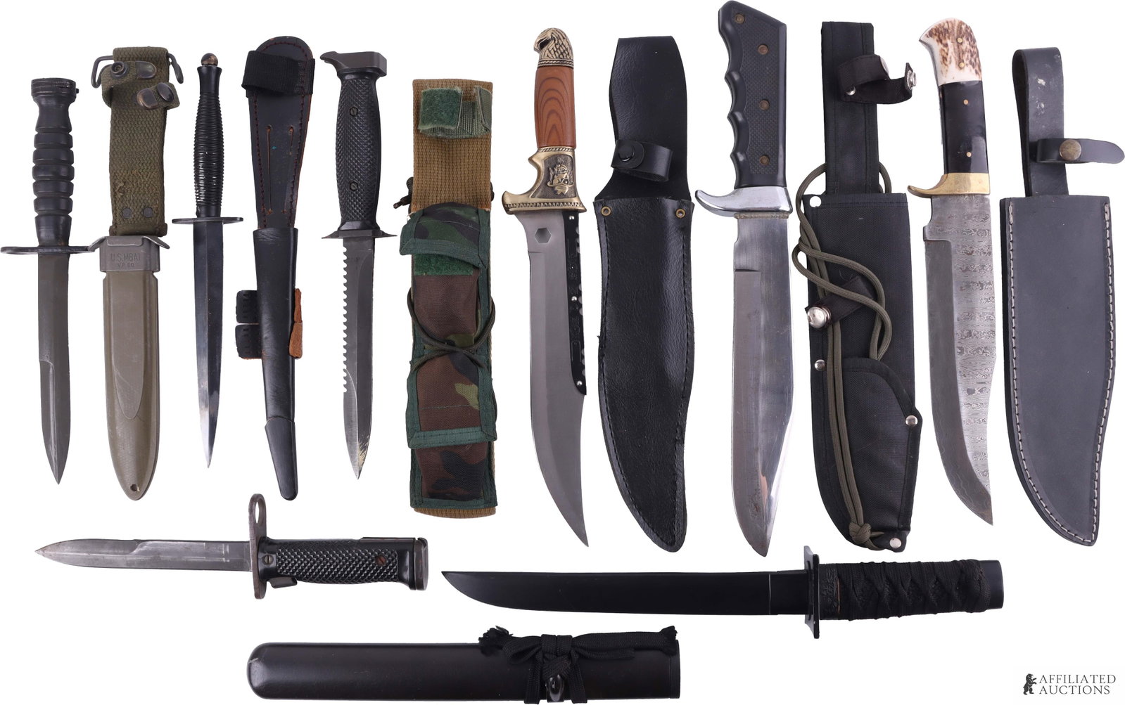 Assorted Asian and American Knives Lot of 8: Lot contains a collection of eight (8) knives ranging from 15 inches to 11.5 inches long.