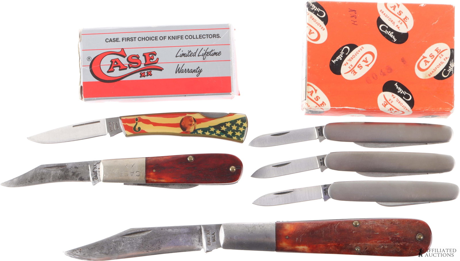 Case XX Knives Lot of 6: Lot contains six (6) case XX dual tempered steel bladed knives ranging in size from 9 inches open with a 3.5 inch blade to 5 inches open with a 2 inch blade.