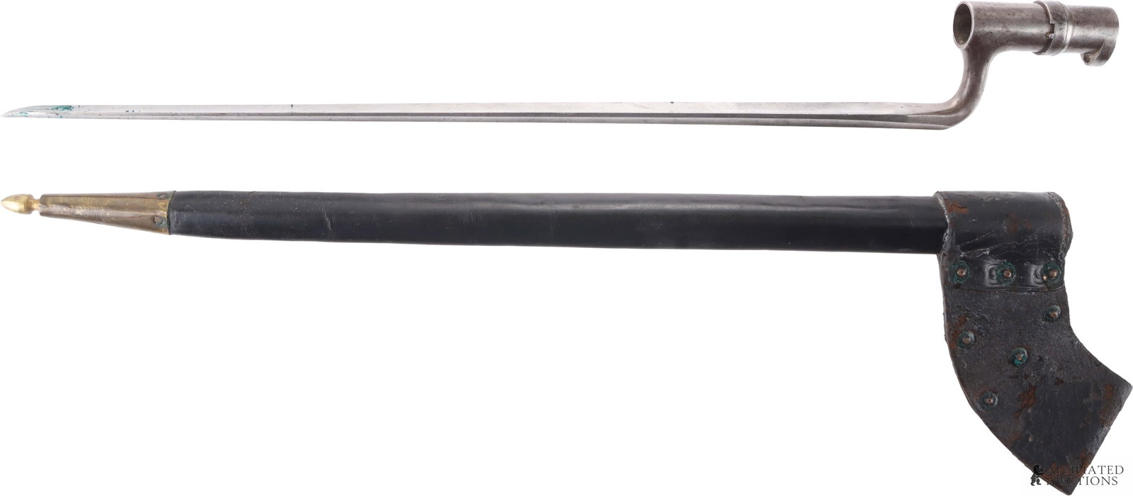 US M1855 Socket Bayonet with M1851 Scabbard: US M1855 socket bayonet with M1851 scabbard. Ricasso marked "U.S." over "J." Overall length 21 inches. Socket length 3 inches.
