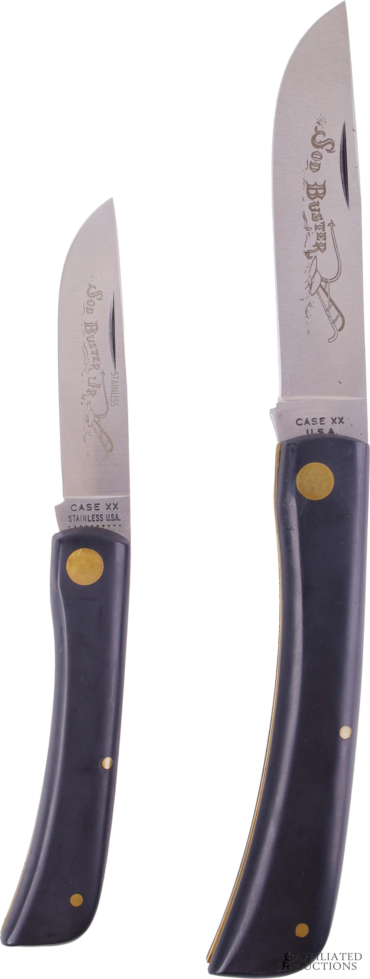Sodbuster and Sodbuster Jr. Pocket Knives: Two (2) vintage pocket knives designed for farm work. Both are forged of Case XX stainless steel. Sodbuster measures 8.5 inches open with a 3.5 inch blade. Sodbuster jr. measures 6.5 inches open with 
