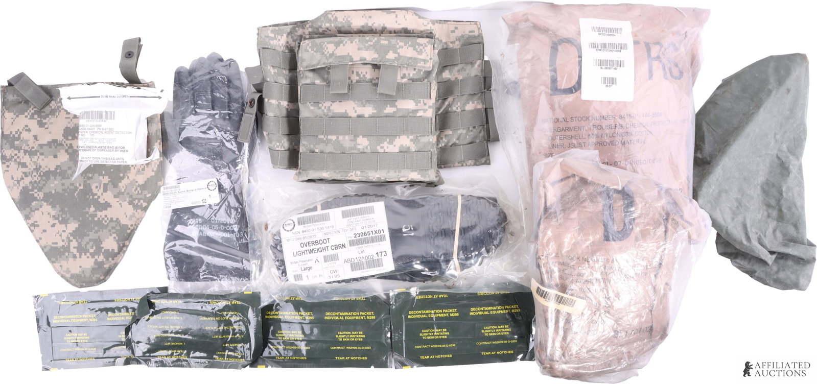Doomsday Lot Nuclear Ballistic Protection: Doomsday lot of various personal nuclear protection gear. Lot contains | 4x Decontamination Packets | 1x Pair of Airboss Lightweight Overboots | 1x Pair of Airboss JB2GU gloves | 1x Roll of Chemical D