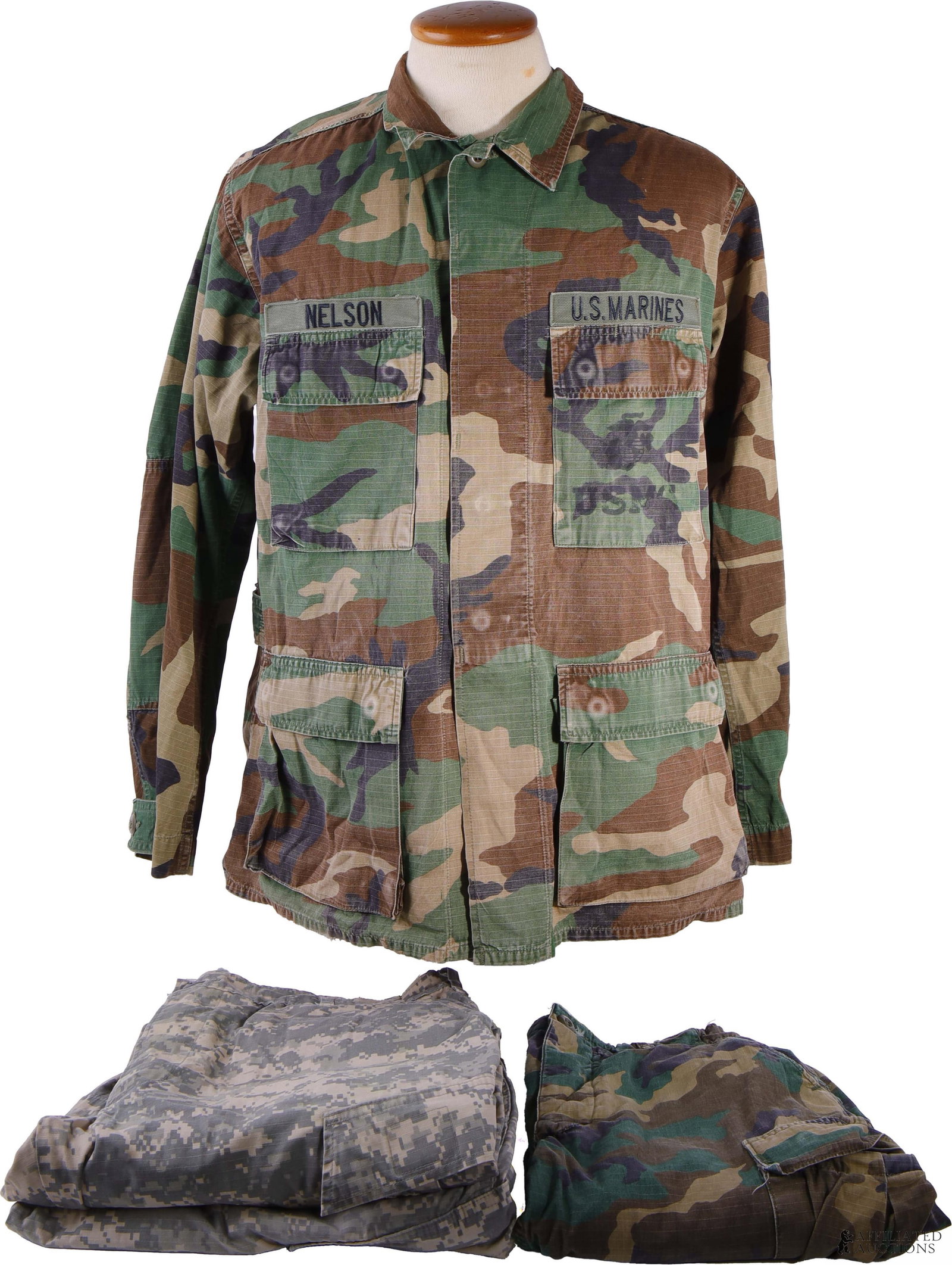 USGI ERDL Combat Coat & UCP Trousers Lot of 4: Lot of four (4) pieces USGI camo uniform items. Includes USMC ERDL hot weather woodland combat coat DLA-100 size medium-regular with branch tape and name tape, ERDL DLA-100 trousers size small-long, U