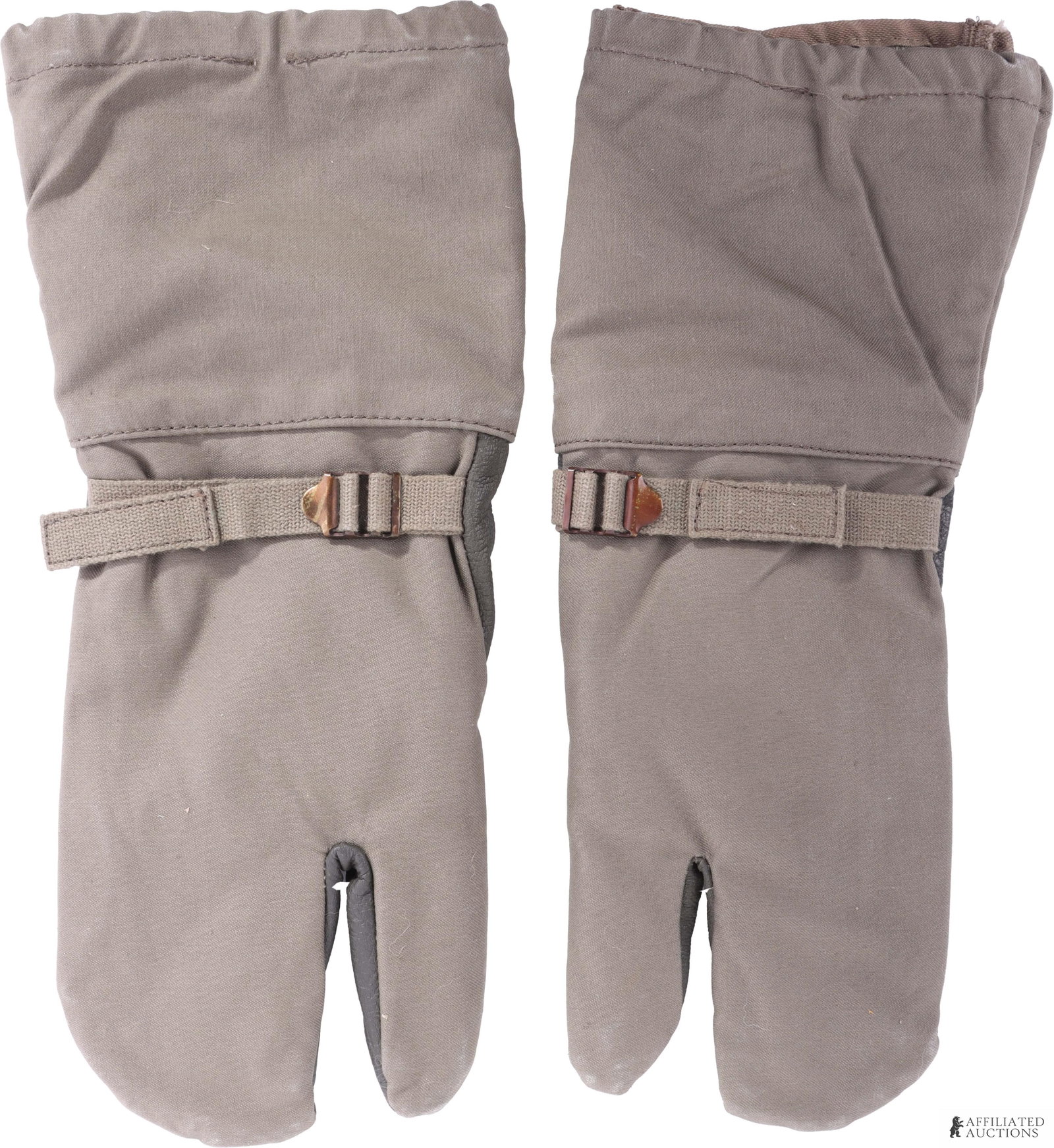 Vintage German Trigger Finger Mittens Size 8 1/2: A pair of vintage German trigger finger mittens. Olive drab fabric construction with leather palms and fleece lining; also features a tightening strap which cinches around the wrist. Size 8 1/2, overa