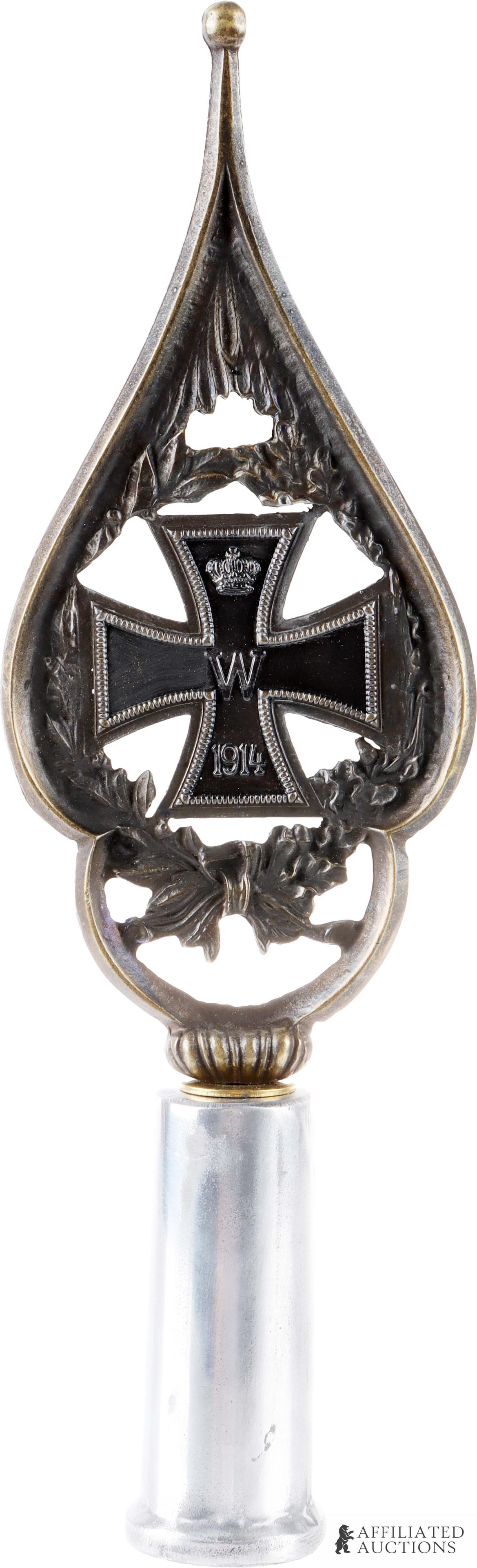 Prussian Imperial Iron Cross Flag Pole Finial WW1: A Prussian Imperial flag pole finial featuring a two-sided iron cross design at the center. Obverse design has central oak leaves with a crowned FW above and '1813' below; reverse design features cent