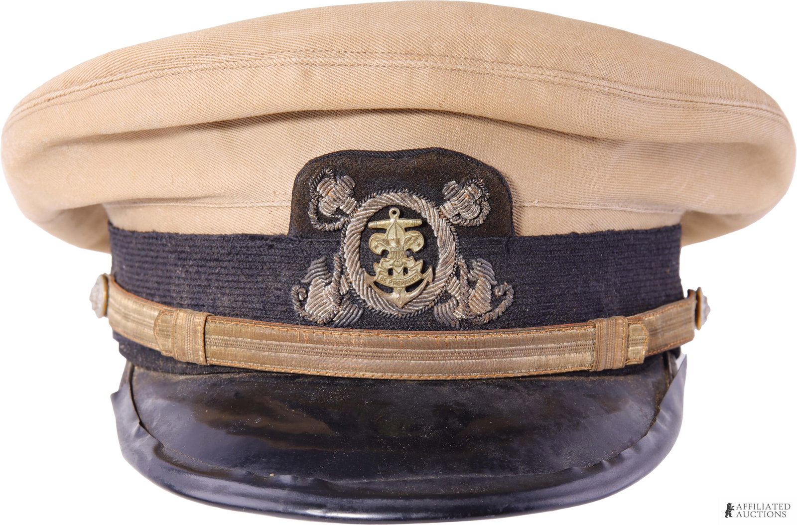 Vintage Sea Scouts Skipper Cap Visor Bancroft: A tan Boy Scouts of America Sea Scout Skipper's cap; these caps are highly-sought by collectors of vintage Americana due to their scarce production. Named 'W. F. Hanselman/ Skipper' with troop number 