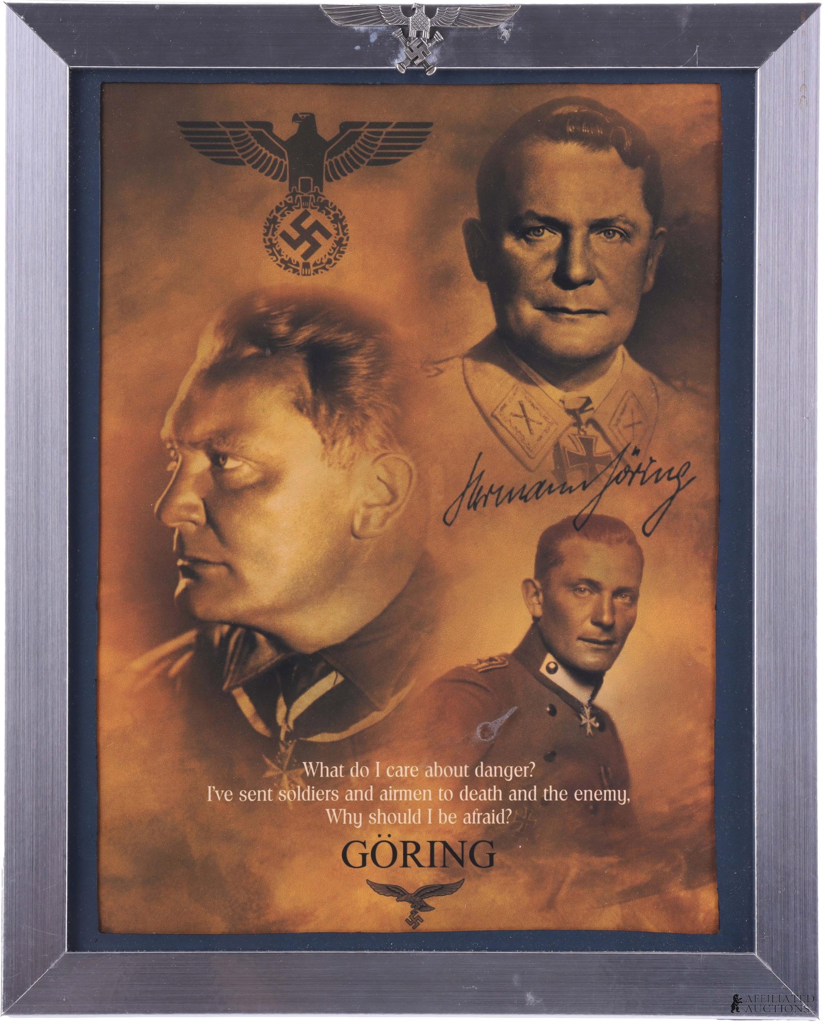 Herman Goring Framed Print WWII German Third Reich: A print of Herman Goring in three poses, accompanied by a facsimile of his signature and a Reichsadler. The silver-colored frame is embossed with a Reichsmarschall eagle and signed on the back by arti