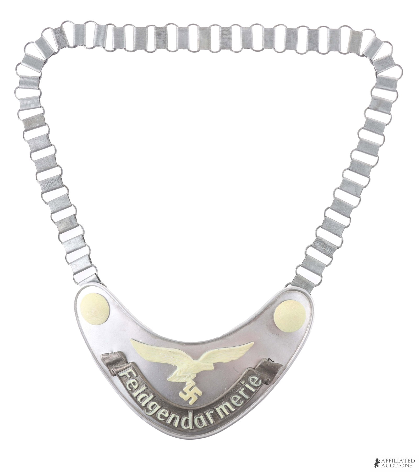 Feldgendarmerie Standard Bearer's Gorget WWII: A gorget for a Luftwaffe Feldgendarmerie of the German Third Reich. Luminescent Luftwaffe eagle. 6.5x4 inches with a 25 inch chain.