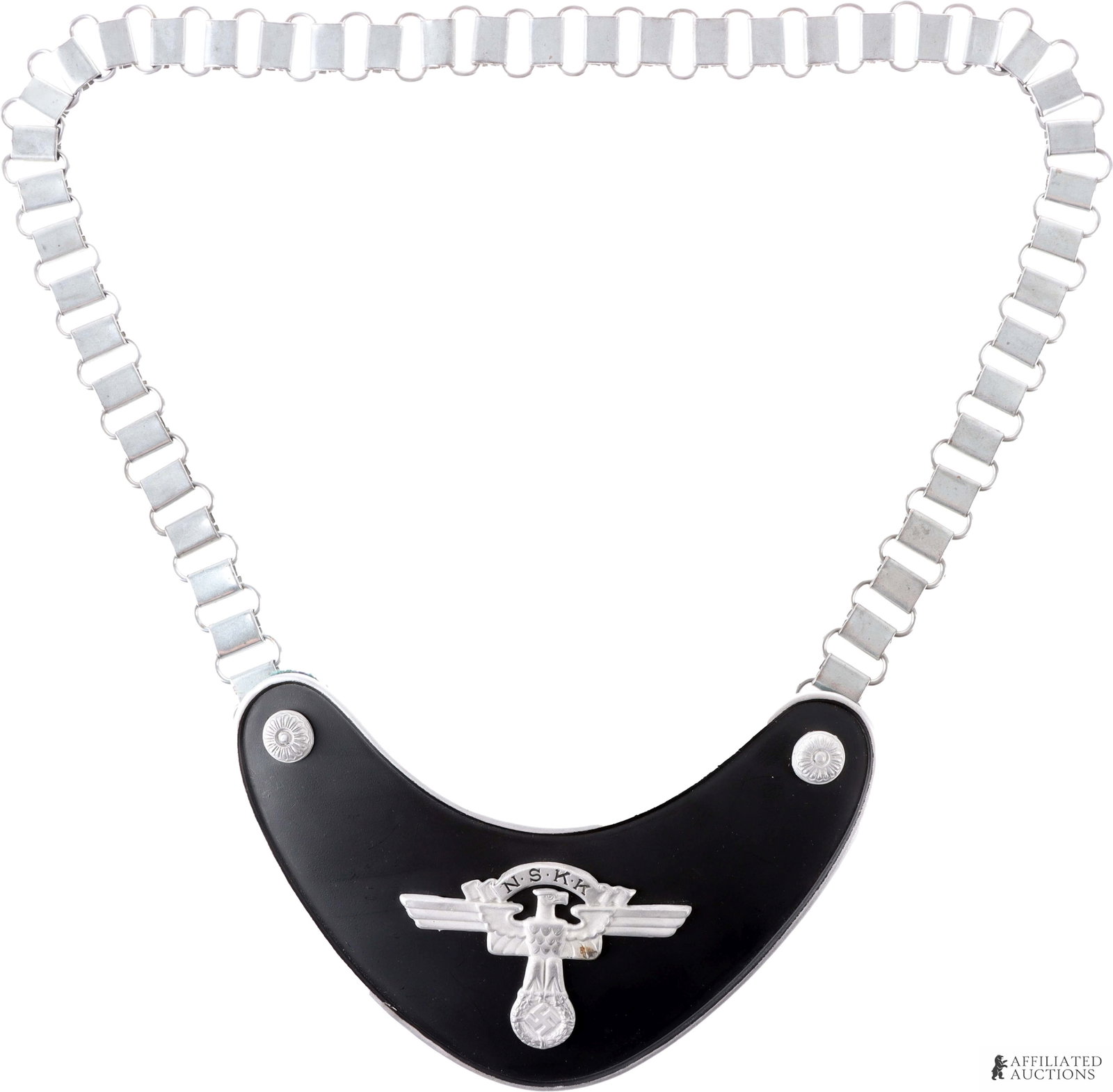 NSKK Standard Bearer's Gorget WWII German: An NSKK (National Socialist Motor Corps) gorget for a standard bearer. Bears the NSKK symbol with eagle clutching a swastika. 6.5x4.5 inches with a 26.5 inch chain.