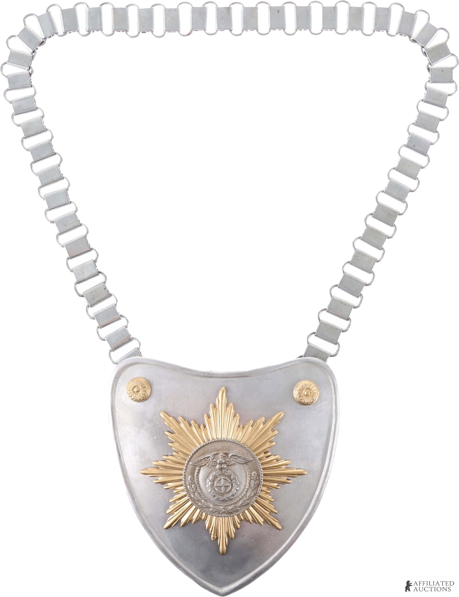 SA Standard Bearer's Gorget WWII German Reich: A standard bearer's gorget for the Sturmabteilung (SA) of the German Third Reich. Green felt back. 4.75x5 inches. 25.5 inch chain.