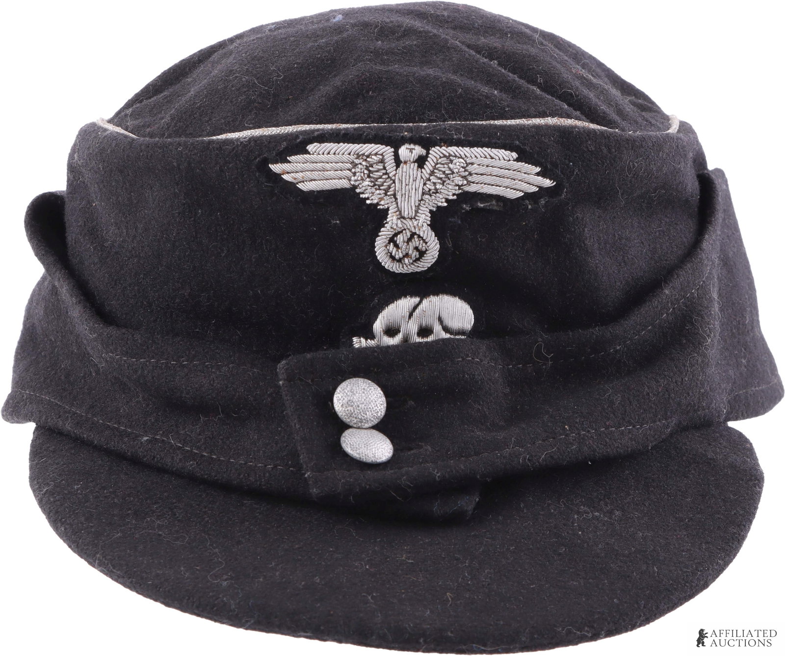 Michael Janke SS Officer M43 Field Cap Sz 58: Michael Janke SS Officer M43 field cap of black wool with silver metallic thread insignia and piping. Interior has blue twill liner stamped "58 Mutzenfabrik Hamburg 19 1942." Pebbled aluminum buttons 