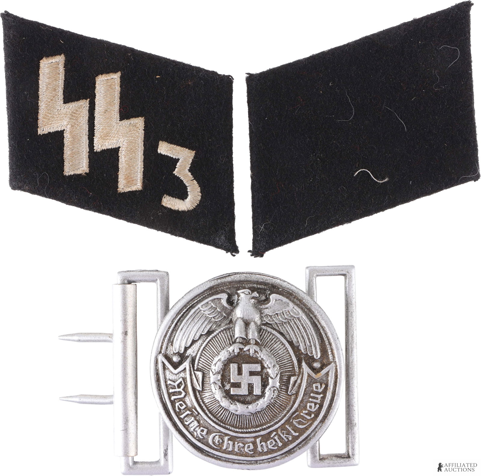 SS Officer Belt Buckle & Collar Tabs WWII German: A lot of two items: 1) an SS officer's belt buckle marked on reverse with RZM code M1/51 for Homer & Dittermann (Wuppertal-Bannen) with a weight of 60.9 grams, and 2) a pair of black collar tabs, one 