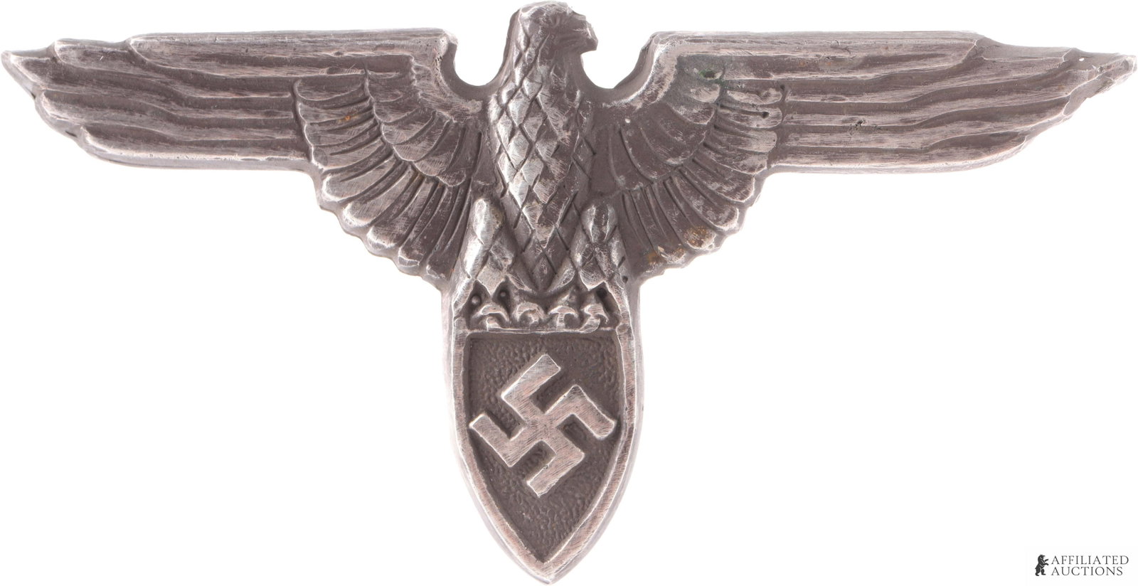 SS Volunteer Protection Corps Hat Pin WWII German: SS Volunteer Protection Corps (Frewillige Schutzstaffel) Visor hat pin. It measures 69mm. Heavy type weighing 16.4 grams. Features three sturdy prongs on reverse. Stamped '800' for silver purity on re
