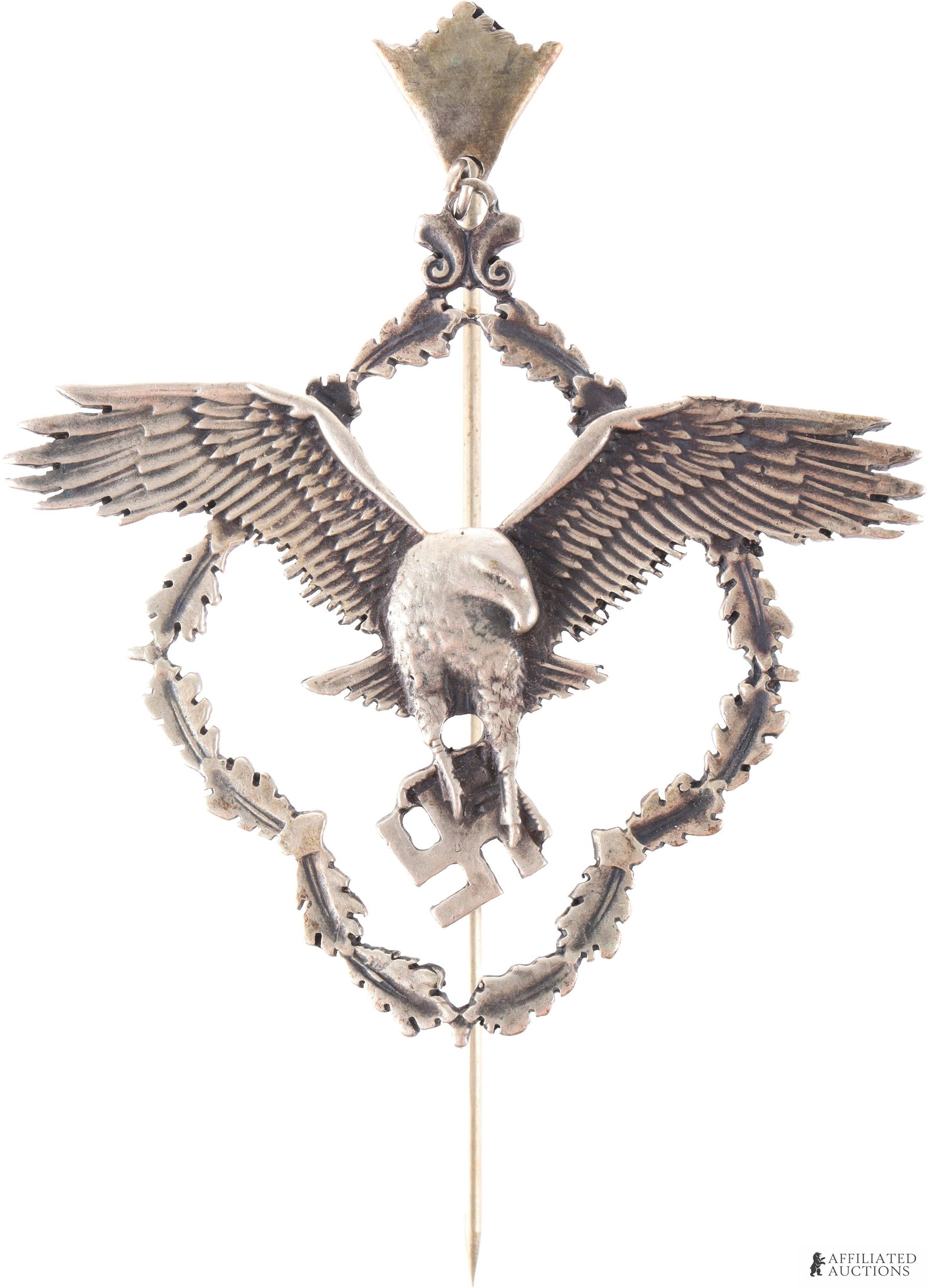 WWII German Academy Aeronautical Research Badge: WWII German Academy for Aeronautical Research membership badge in silver, numbered on the back '13' marked '90' for silver plate, and maker marked 'LN1790' for maker Lauer Georg AG, Pforzheim. The mem