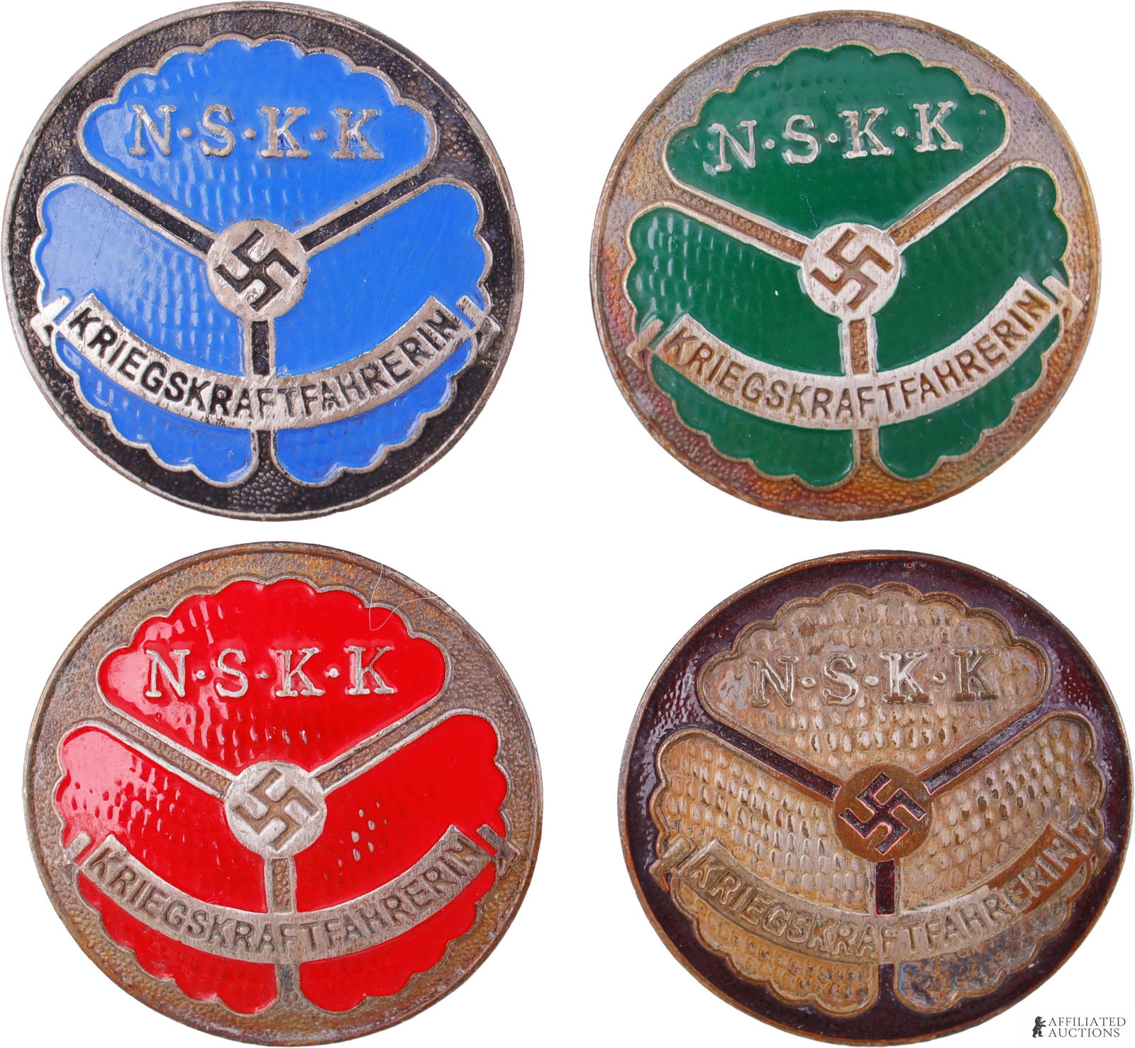 WWII German NSKK Female Wartime Driver Badges: Rare matching set of WWII German NSKK Female Wartime Drivers badges 1st thru 4th class. 3cm x 3cm.