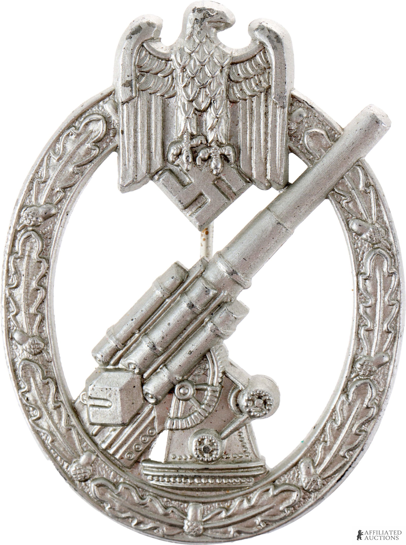 Heer Flak Badge Wilhelm Hobacher WWII German: Original Heer Flak Badge. Solid-struck in silvered zinc. Height 60.8mm. Width 45mm. Gross weight 33.2 grams. Reverse has vertical round wire pin with crimped round wire catch. Maker's mark "W. H. Wien