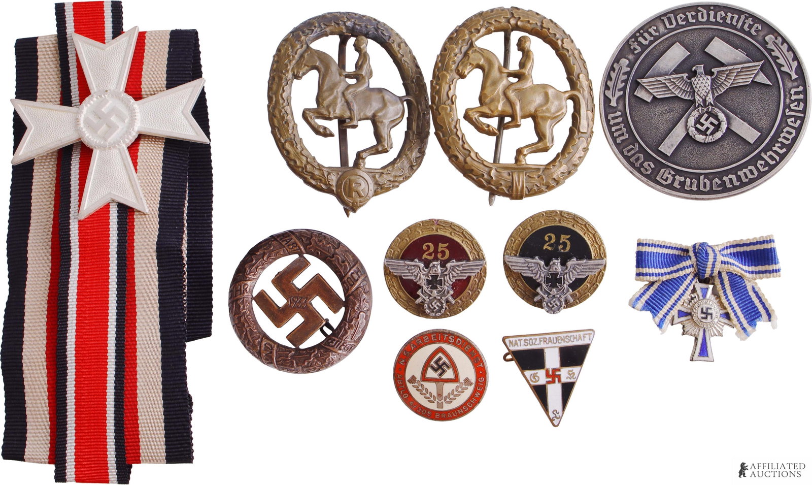 Assorted WWII German Civilian Badges and Pins: Lot contains ten (10) assorted badges and medals including 1933 Gau Munchen commemorative badge, merit cross 1st class without swords, mine rescue service medal, labor service of Brunswick membership 
