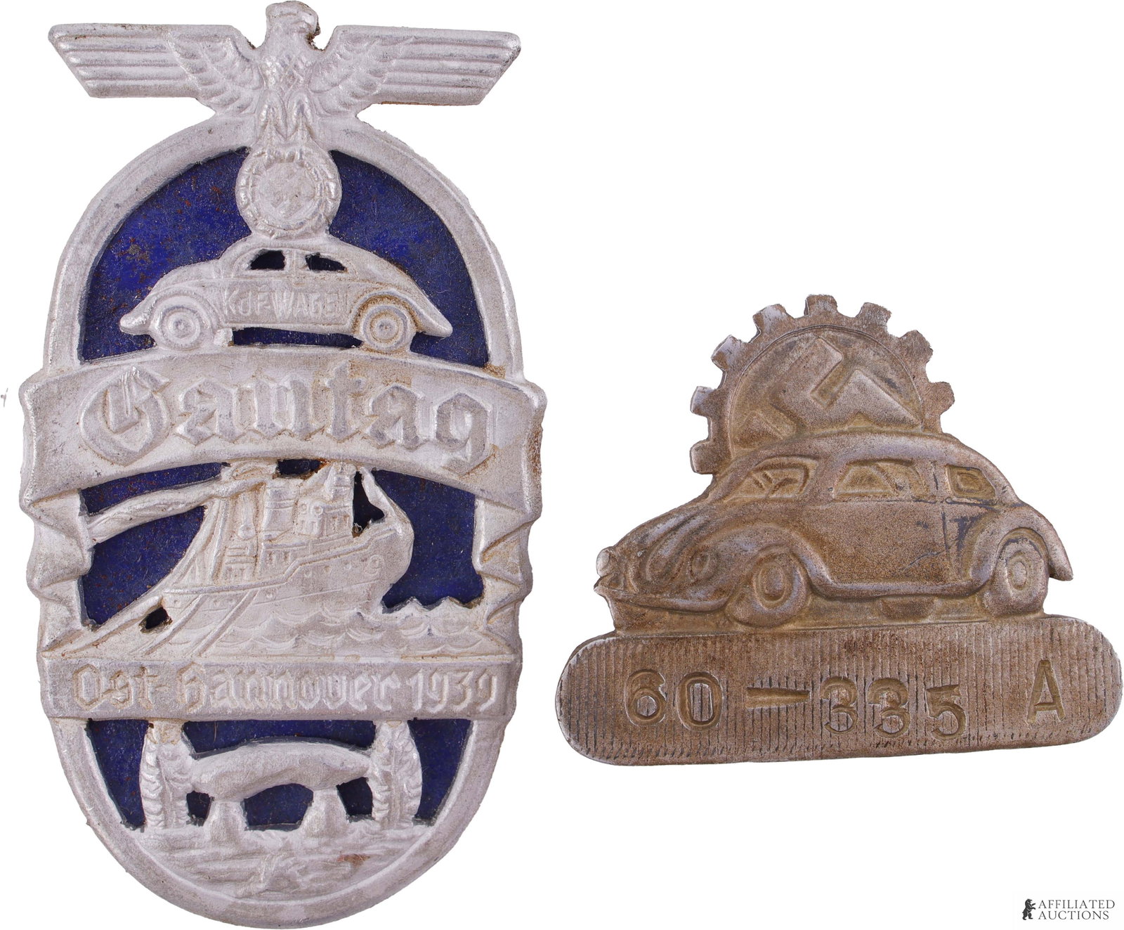 Vintage Volkswagen Badges Lot of 2 German Pins: A lot of two vintage German Volkswagen pins. Includes 1) a Gautag Ost-Hannover 1939 Participant badge (unmarked), and 2) a Volkswagen factory employee badge with the employee number 60-335 A stamped o