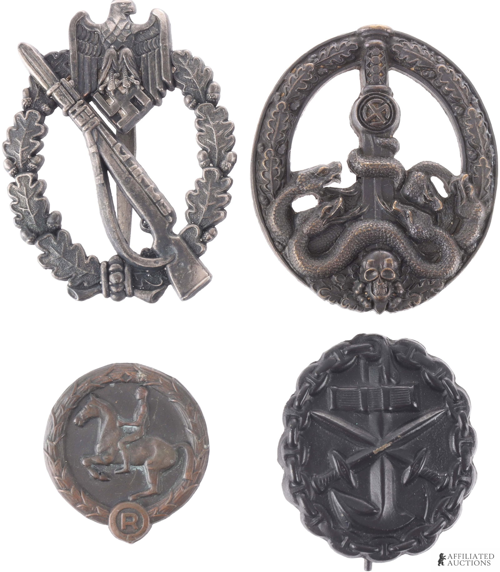 4 WWII German Badges Anti Partisan Assault: Lot features an Anti-Partisan badge, scooped back, Infantry Assault badge by GWL, Horsemanship badge, and a WWI German Naval badge. Most appear to be post war.