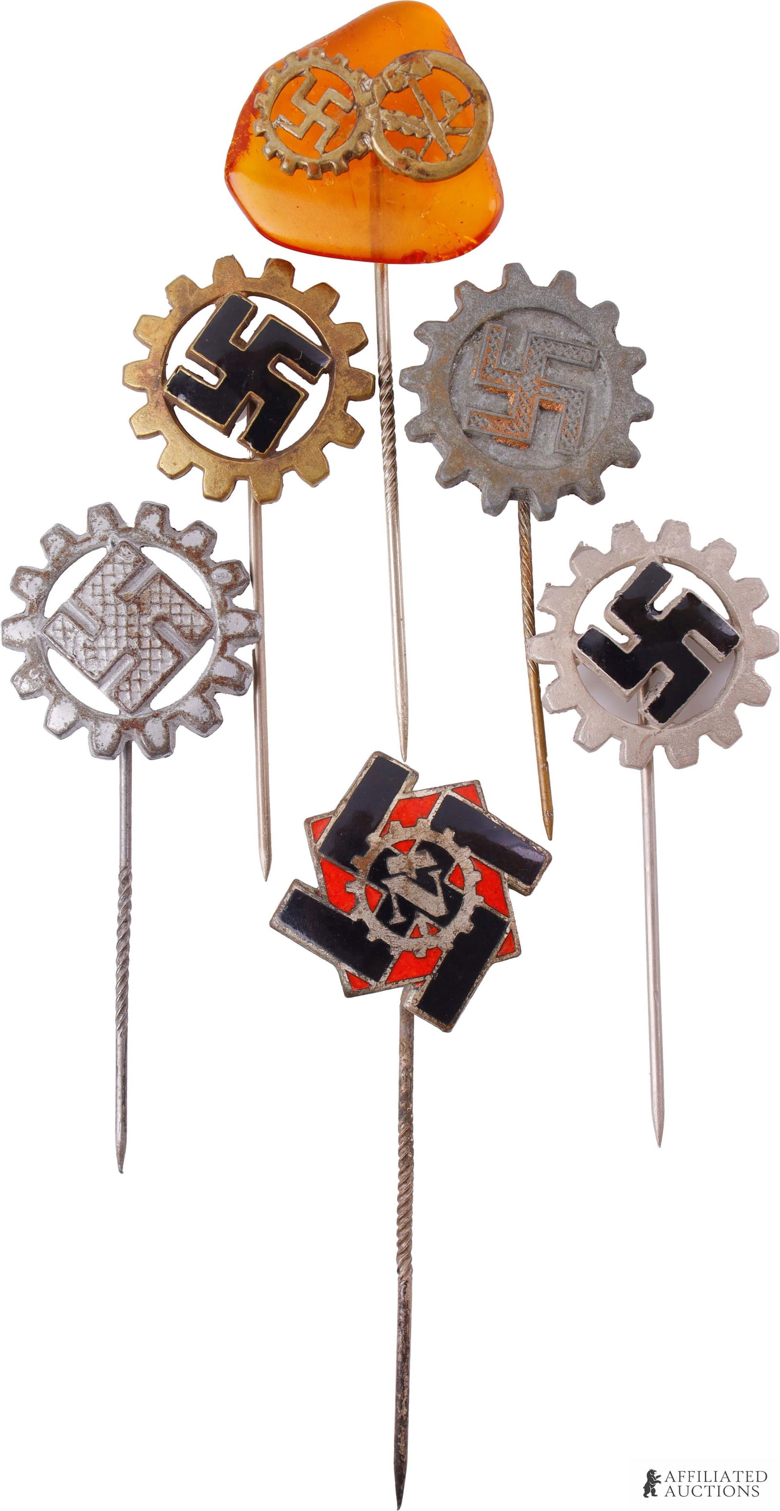 Assorted WWII DAP Membership Pins: Six (6) assorted DAP membership pins. Lot includes four (4) DAP membership pins, one (1) Amber-backed donation pin, one (1) NSBO membership pin. 2cm x 2cm.
