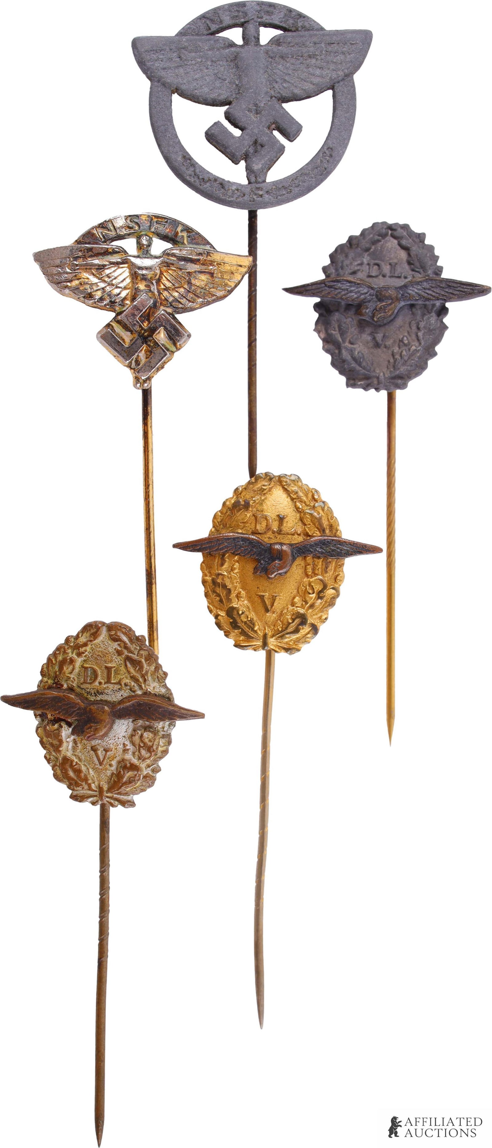 Lot of 3 WWII German Aviation Stickpins: Lot contains three (3) DLV membership pins, one (1) NSFK membership pin, and one (1) NSFK competition participation pin. Largest pin measures 25mm x 21mm.