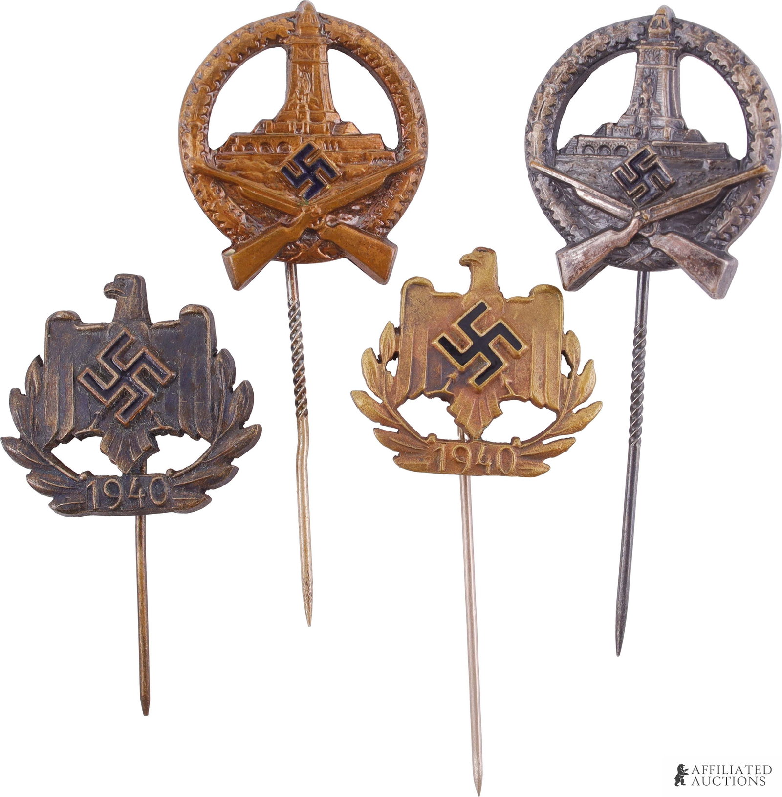 Lot of 4 WWII German Veteran Stickpins: Lot of four (4) WWII era German veteran organization pins. Lot includes two (2) DRKB Shooting awards, two (2) NSRKB 1940 membership pins. Each measures 25mm x 25mm.
