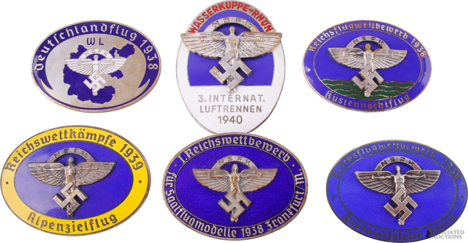 Lot of 6 WWII German NSFK Aviation Badges: Lot of six (6) NSFK aviation competition badges including 1938 Frankfurt Competition badge, 1940 3rd international air race badge, 1938 Germany flight badge, 1938 coastal night flight competition badg