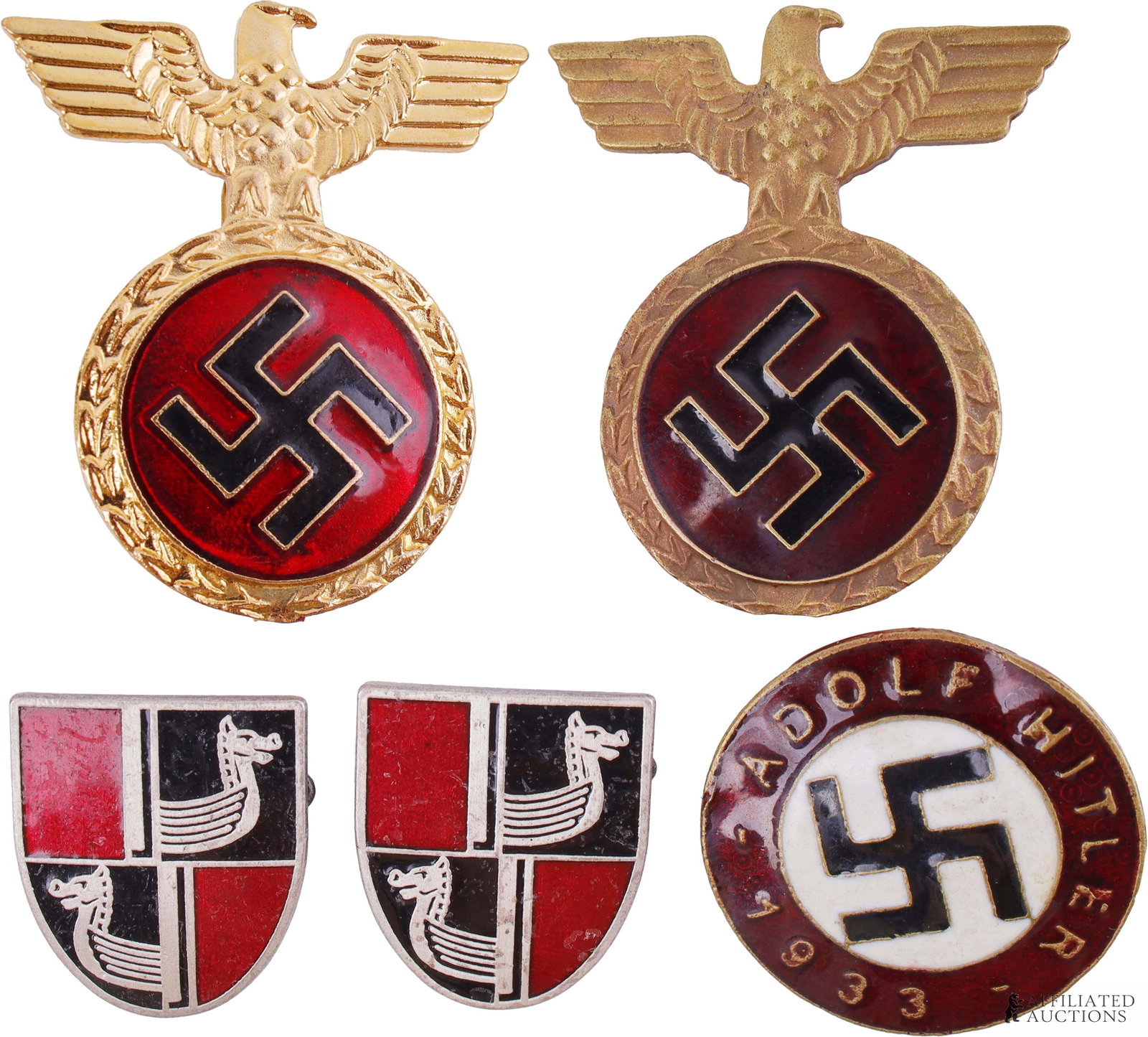 Pin Badges Lot of 5 WWII German Third Reich: A lot of five WWII German pin badges. Includes the following: 1) a 1933 Adolf Hitler party badge measuring 1 inch in diameter with RZM code M1/129 (Seiler & Comp) on reverse, 2) a pair of NSDAP enamel