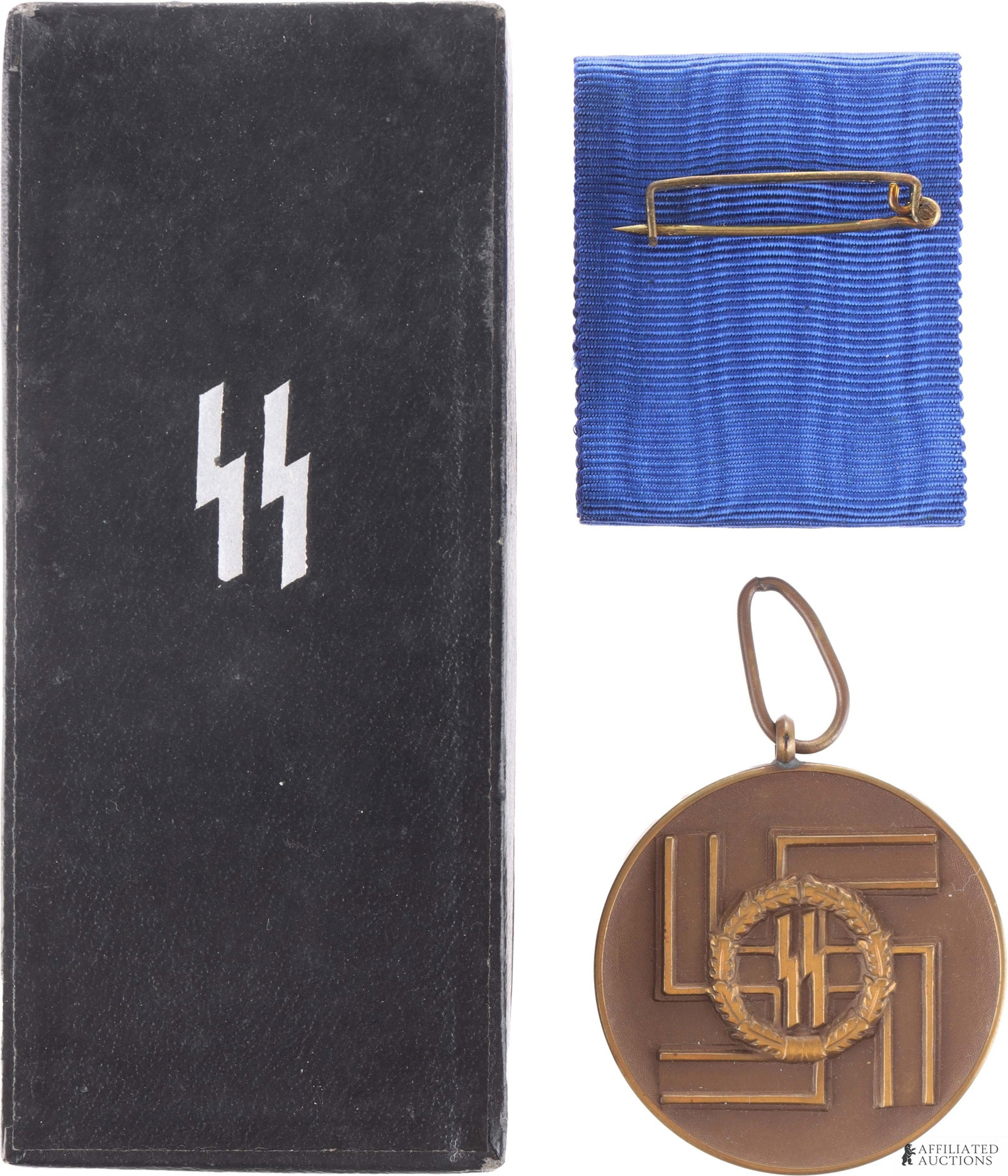 SS 8 Year Service Medal WWII German Reich: Bronze construction. It measures 37mm. Comes with ribbon and case.