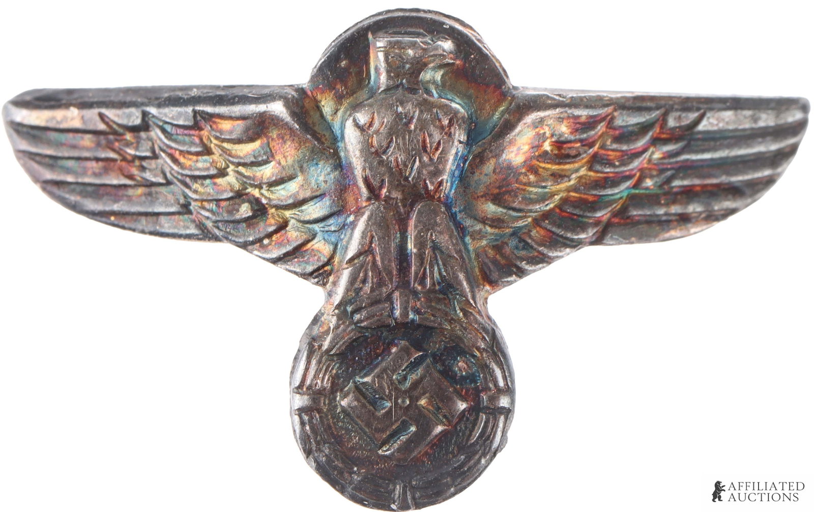 SS or SA Dagger Eagle Pin for Handle WWII German: Eagle pin insert for SS or SA daggers. 2 prongs on reverse. Appears to be silver construction. It measures 24.62 X 14.78mm.