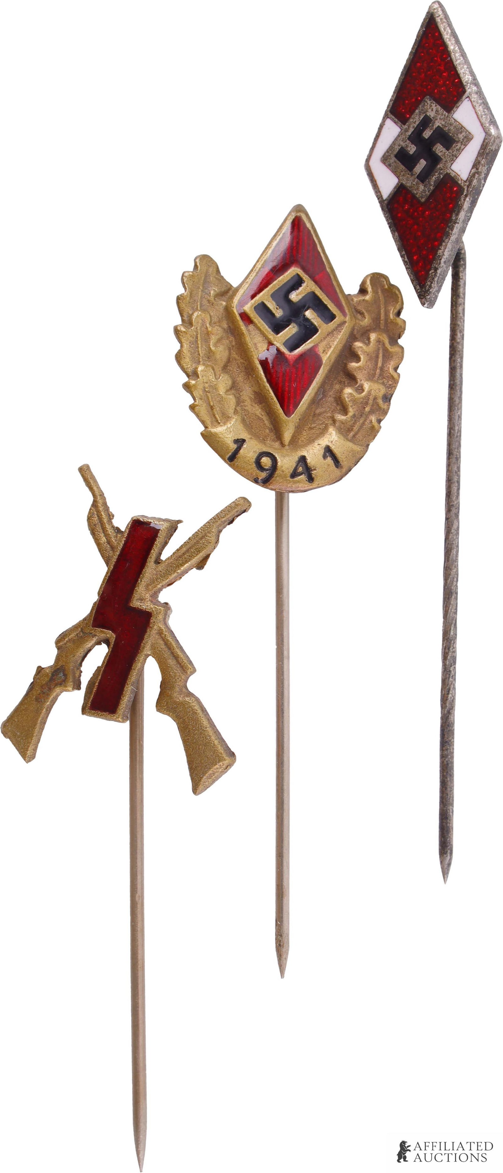 WWII German Hitler Youth Stickpins: Three (3) WWII German Hitler Youth stickpins. Lot contains Hitler Youth shooting proficiency badge pin, Youth Champion 1941 pin, and Hitler Youth membership pin.